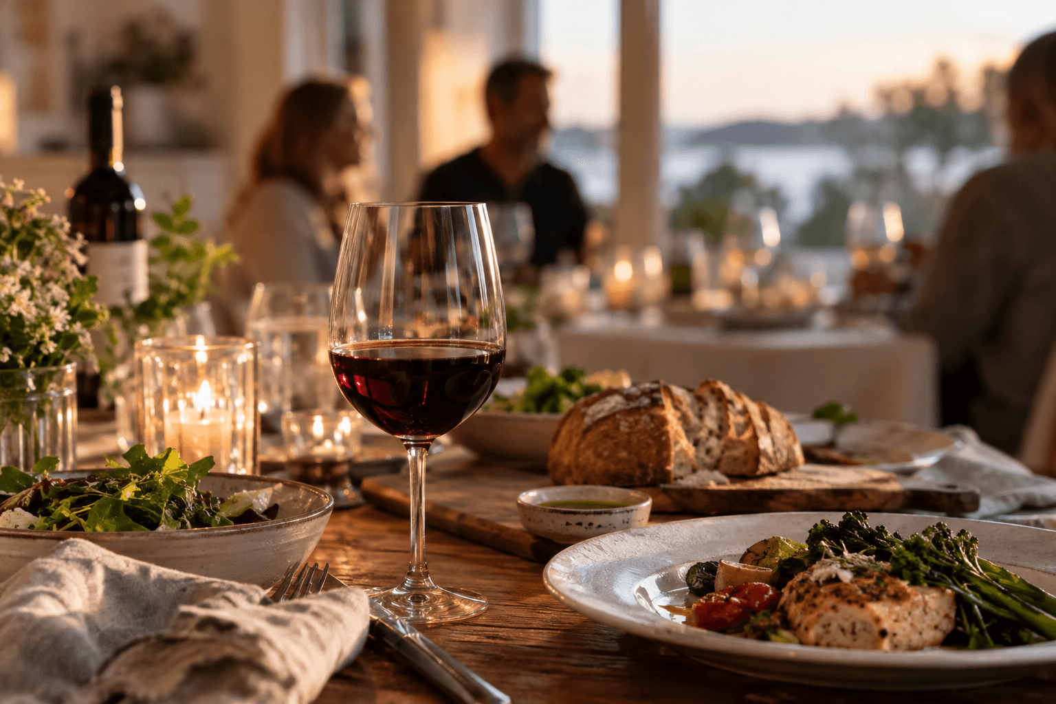 A glass of red wine at an ordinary dinner table in warm evening light with friends softly out of focus in the background.