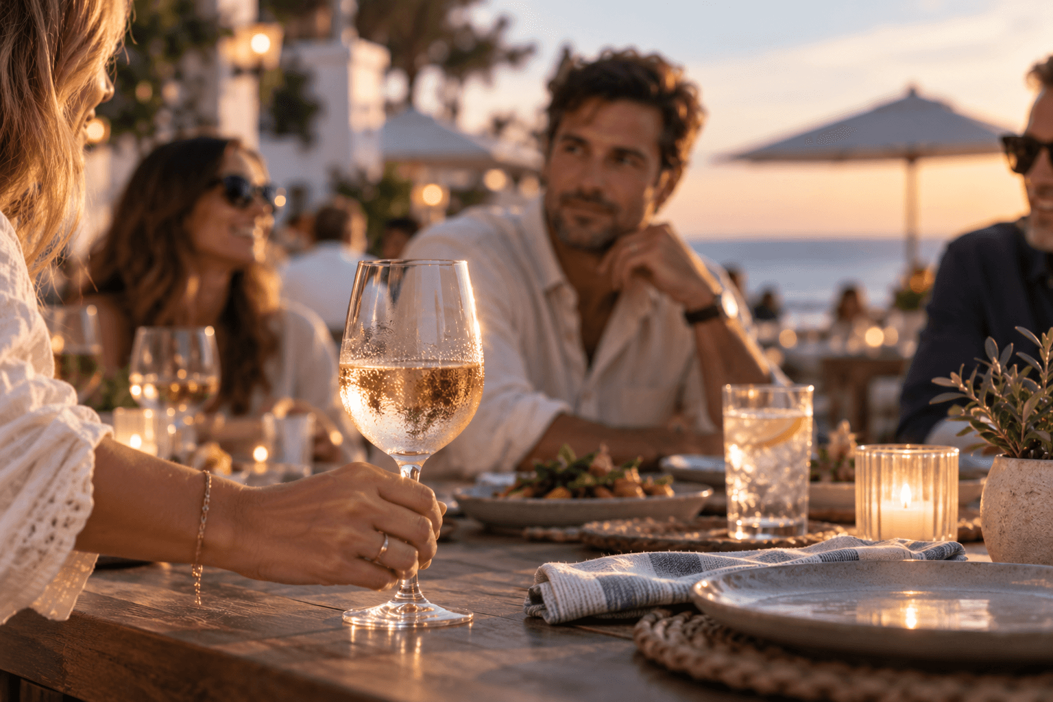 A chilled glass of wine in sharp focus at an outdoor restaurant while a man at the table notices it in the softly blurred background.