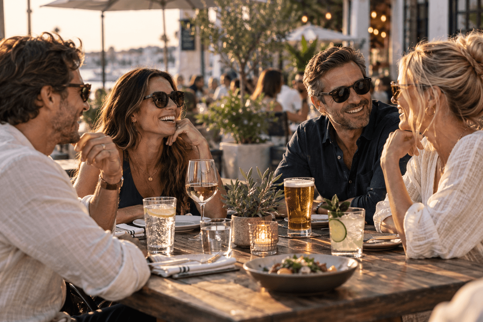 Four friends sharing dinner at a waterfront restaurant with wine, beer, an alcohol-free drink and sparkling water on the table.