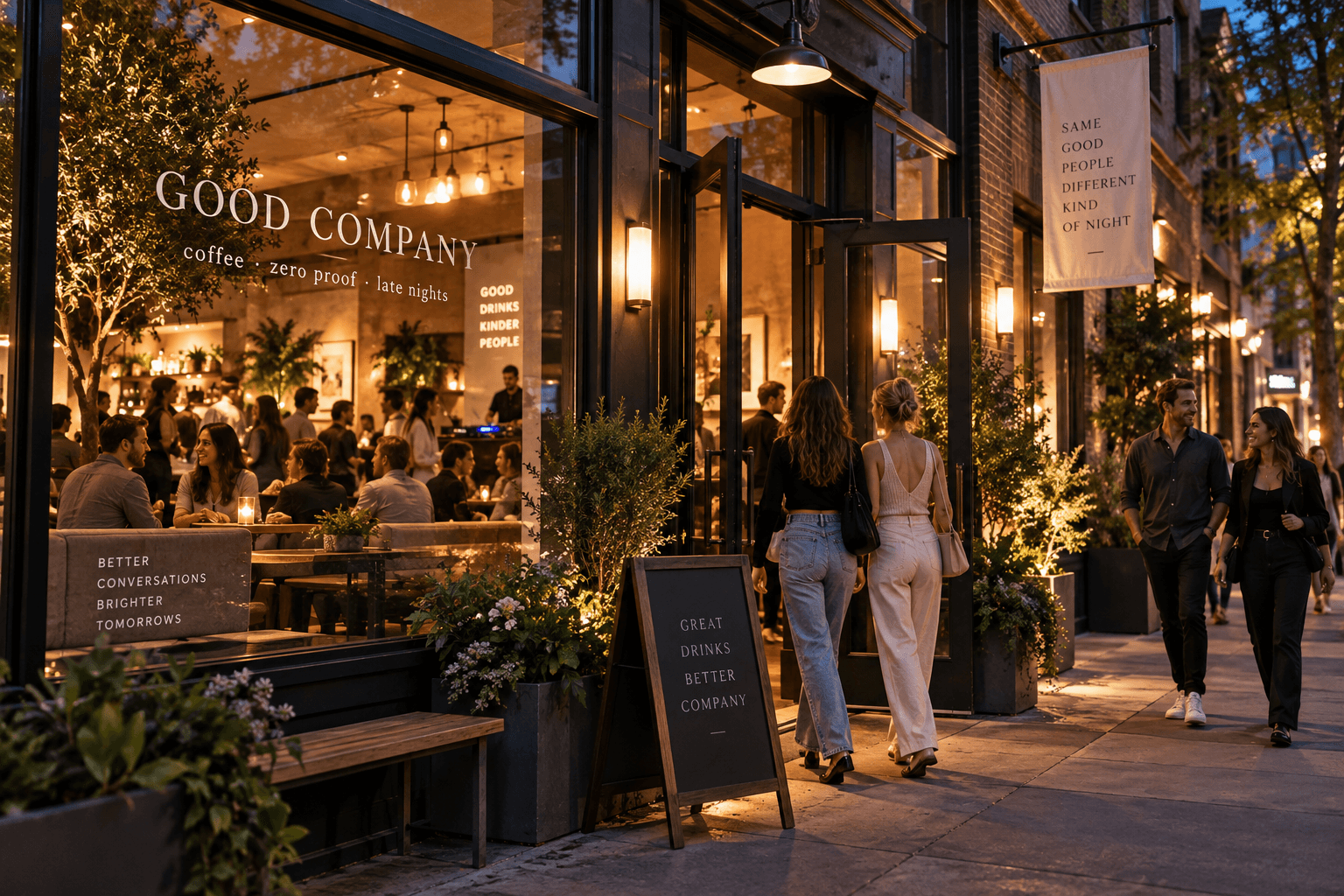 A warm alcohol-free social venue glowing at dusk as people arrive, with coffee, zero-proof drinks and late-night community activity visible through the windows.