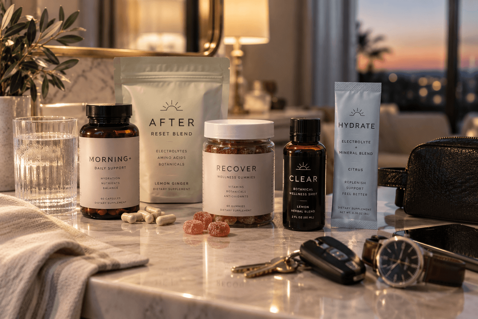 A collection of fictional premium wellness capsules, gummies, powder packets and hydration products arranged on a bathroom vanity before a night out.
