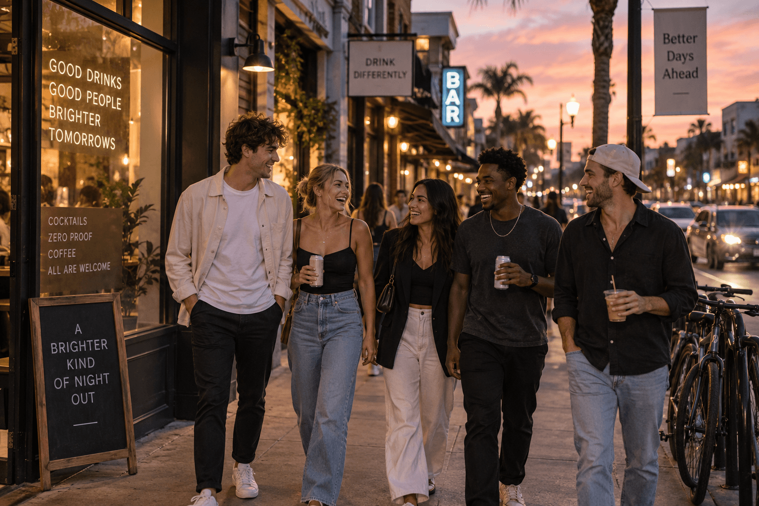 A diverse group of young adults walking through a lively nightlife district at dusk with bars, coffee shops and zero-proof options around them.