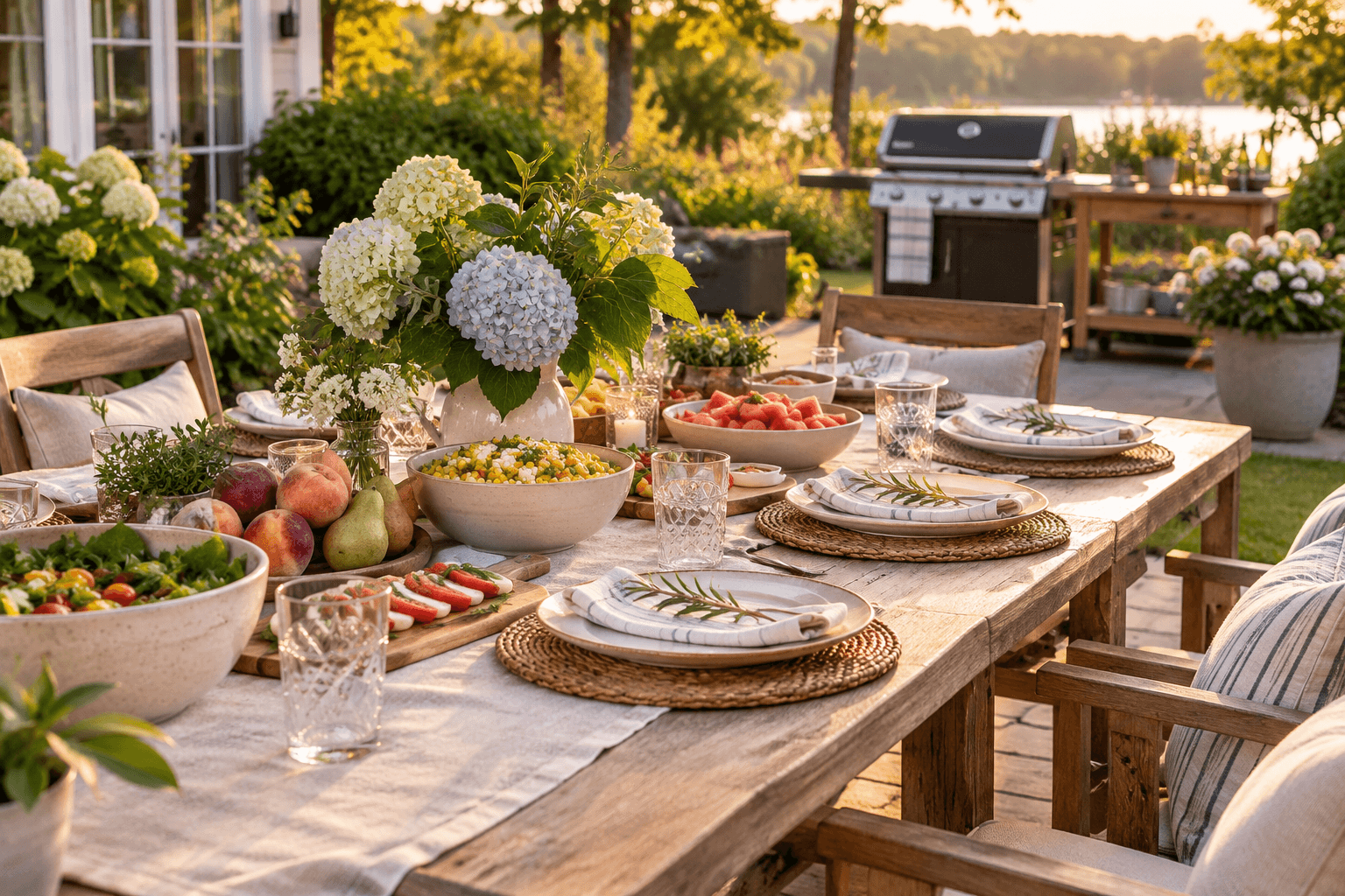 A relaxed Labor Day backyard table set with late-summer food, hydrangeas and simple linens in warm afternoon light.