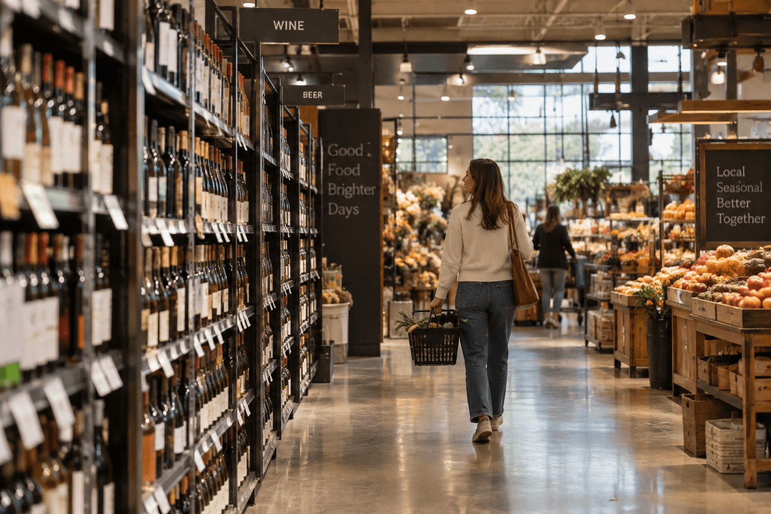A woman shopping for groceries while walking past the wine aisle without stopping during an alcohol-free month.