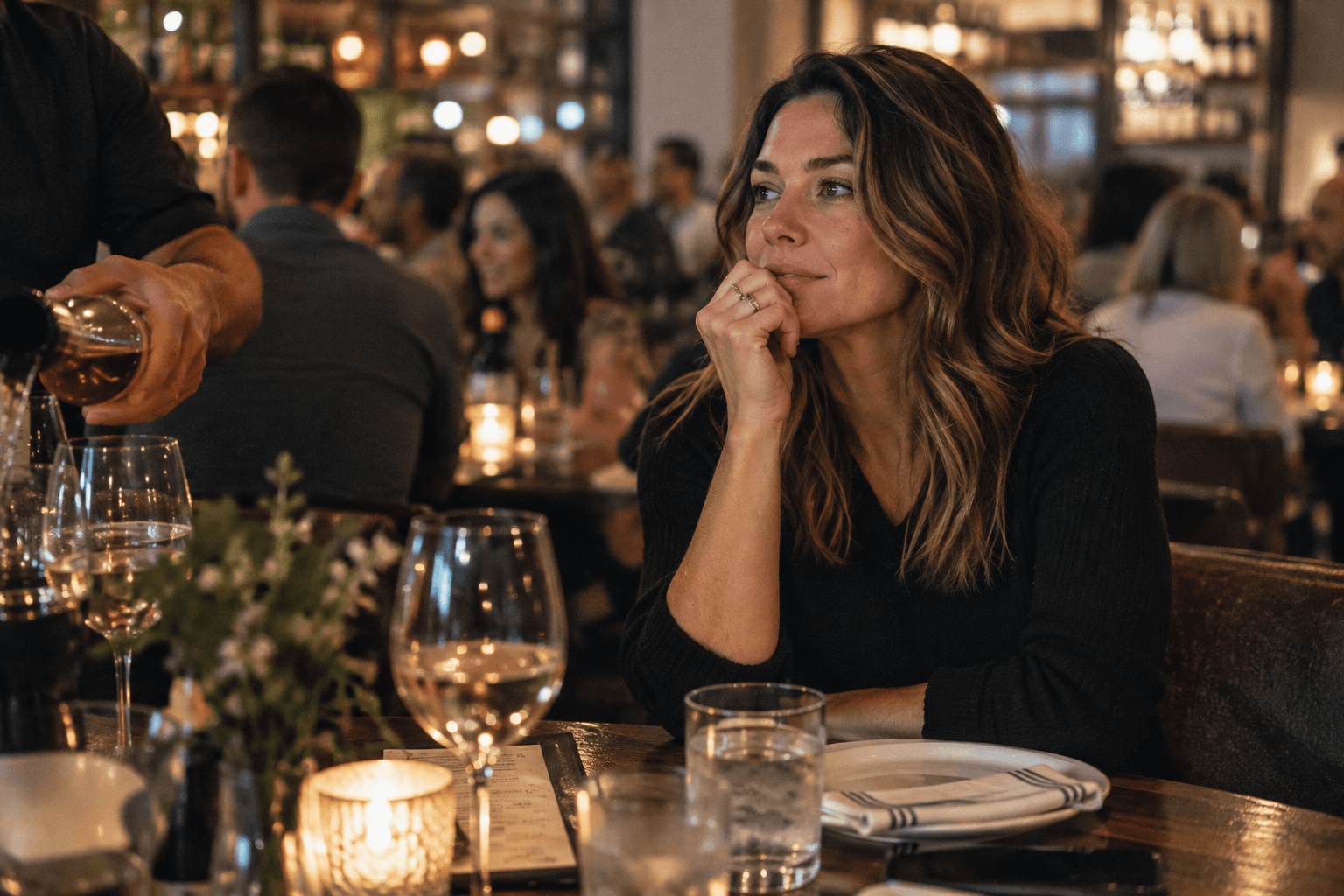 A woman at a busy restaurant noticing her physical response as wine is poured nearby during a familiar social drinking situation.