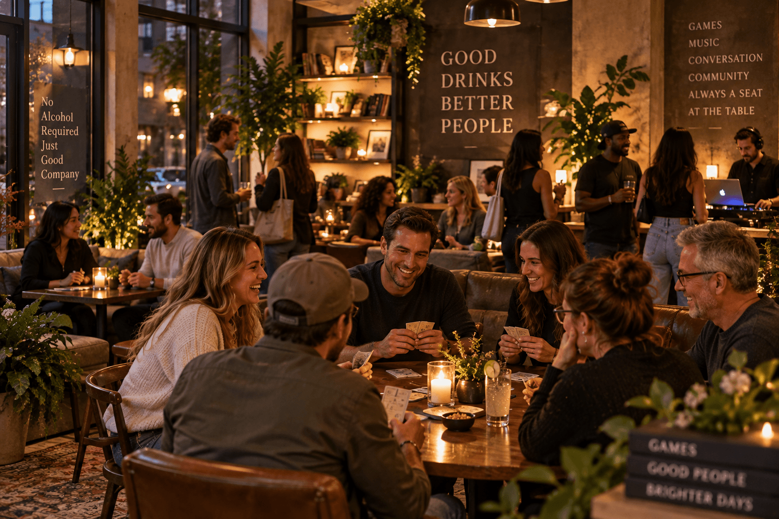 A lively alcohol-free lounge hosting a community game night with adults talking, playing cards and gathering around shared tables.