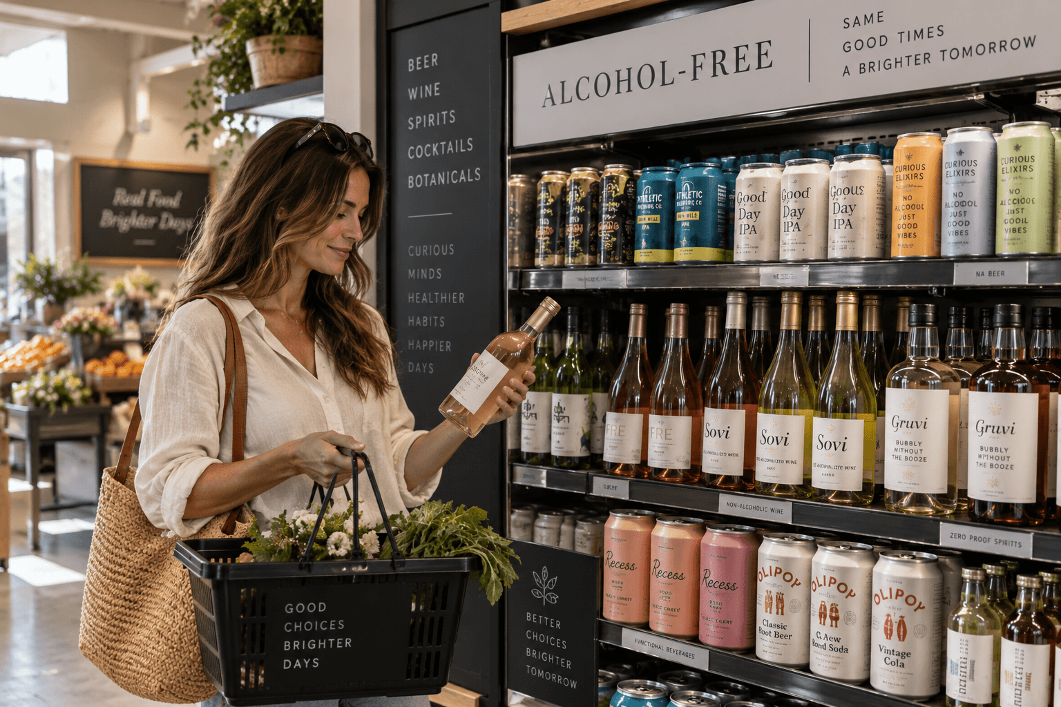 A shopper browsing a large alcohol-free beverage section with nonalcoholic beer, wine, spirits and botanical drinks.