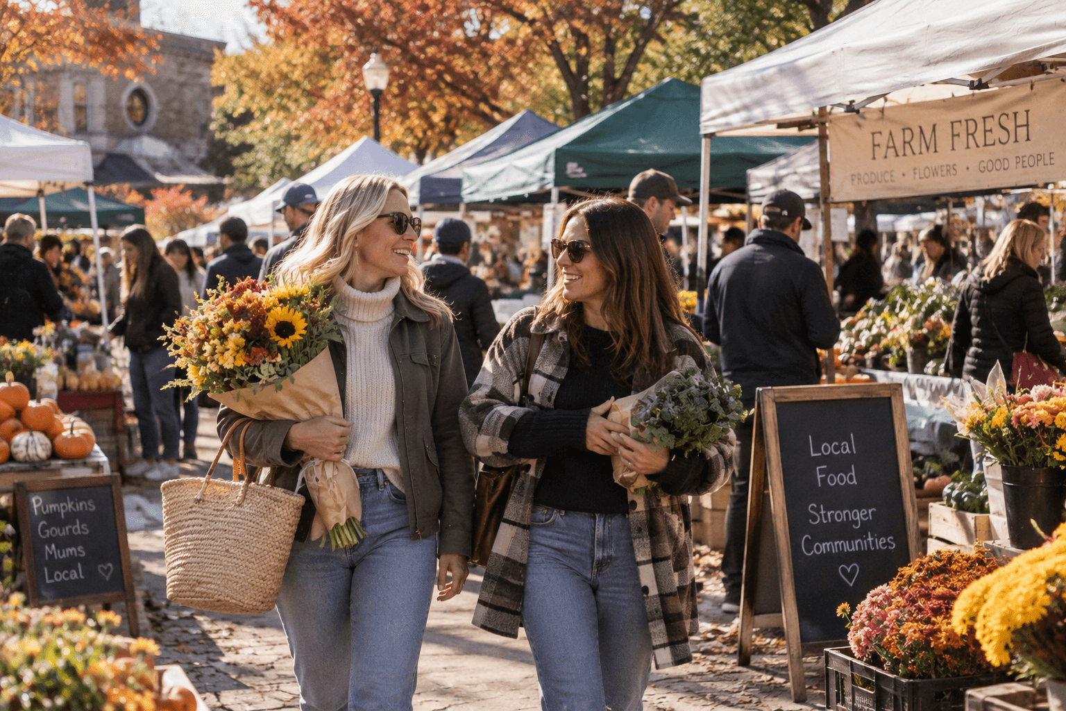 Two women enjoying a busy autumn farmers market on a clear Saturday morning while carrying flowers and fresh produce.