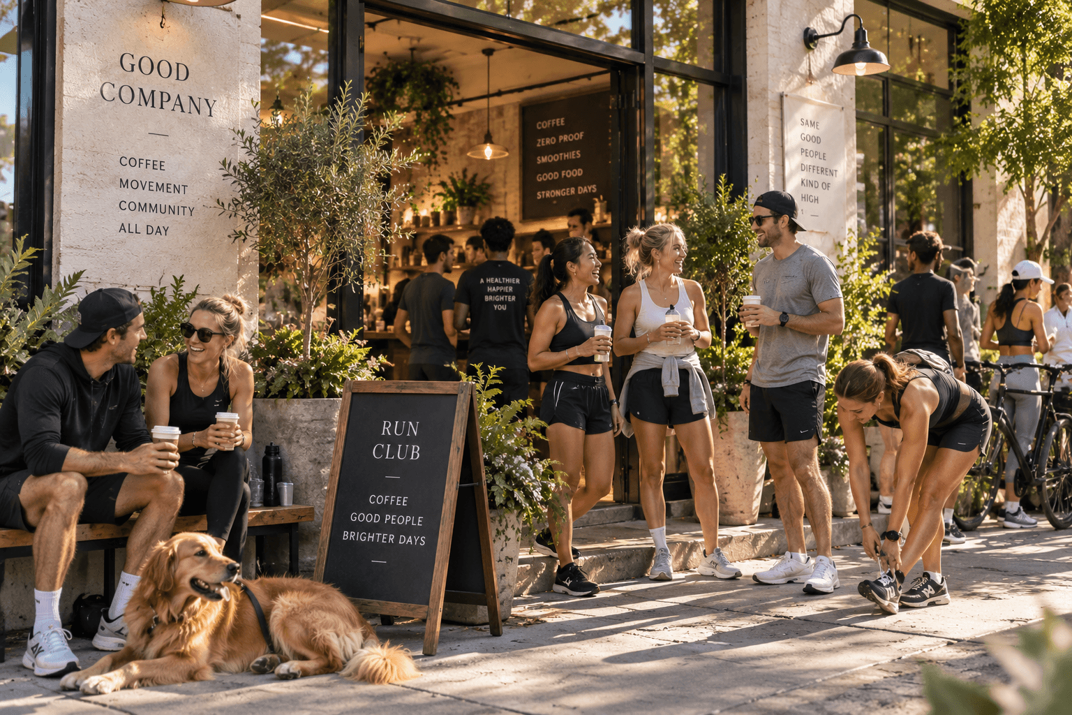 A community run club gathering outside an alcohol-free cafe and social venue on a bright weekend morning.