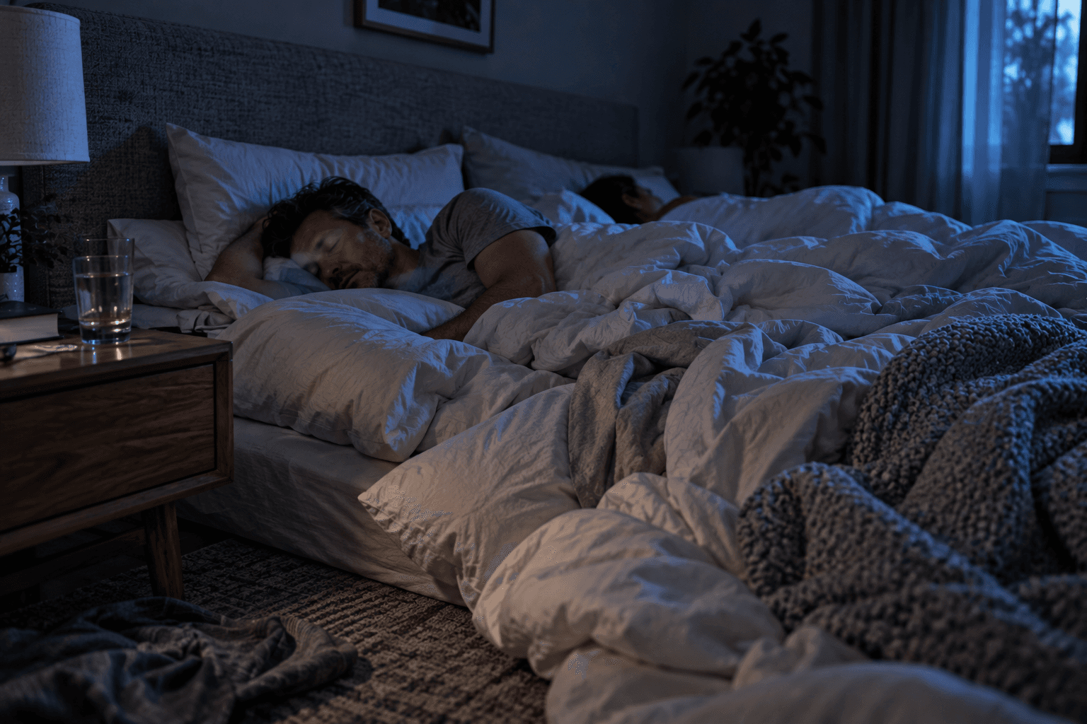 A restless sleeper surrounded by rumpled bedding during the second half of the night after drinking alcohol.