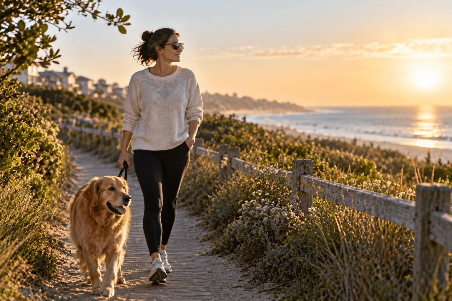 A woman walking a Golden Retriever along a quiet coastal path in warm morning light.