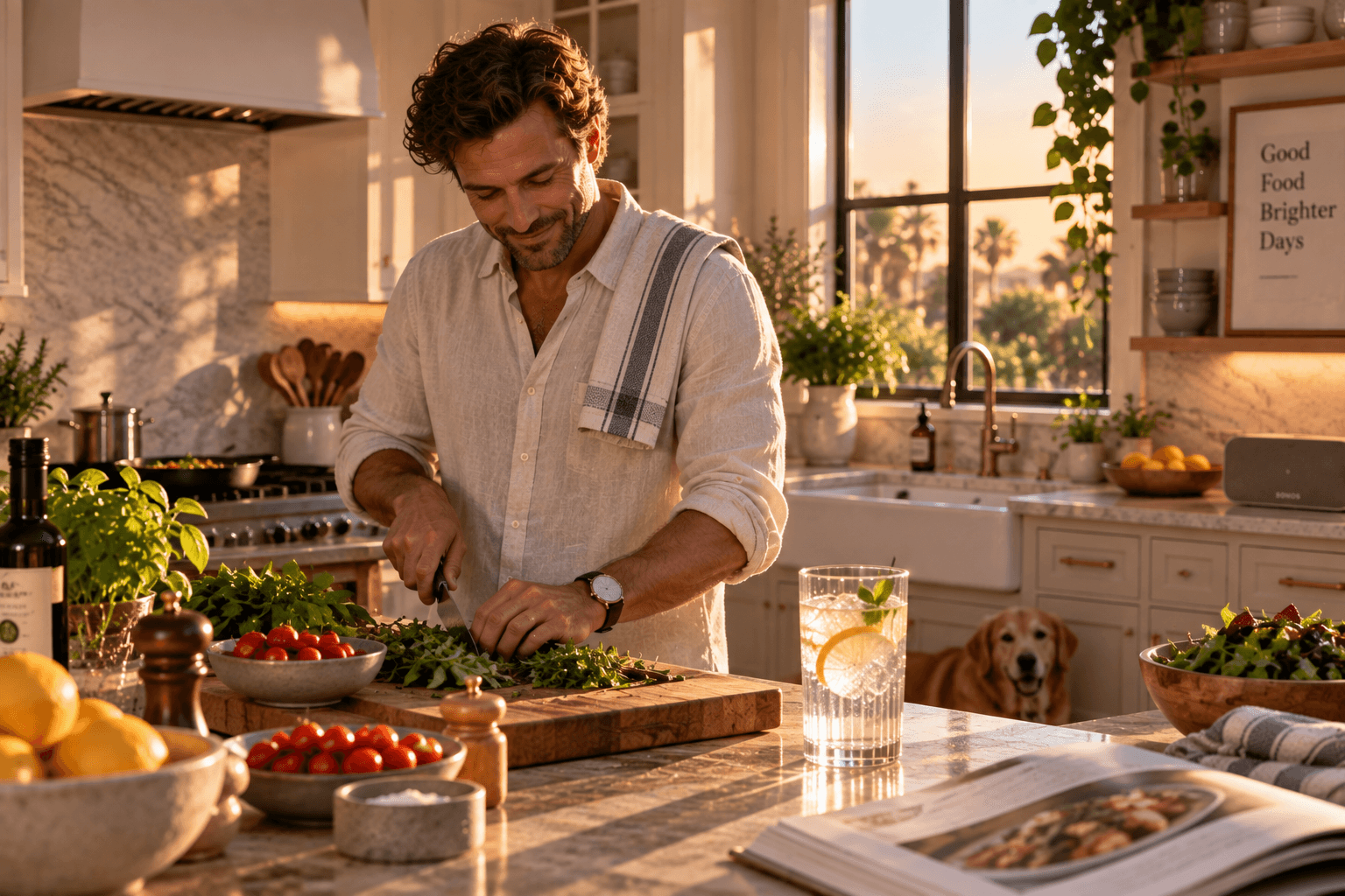 A man cooking dinner in a warm kitchen with music playing, a sparkling citrus drink nearby and a Golden Retriever in the background.