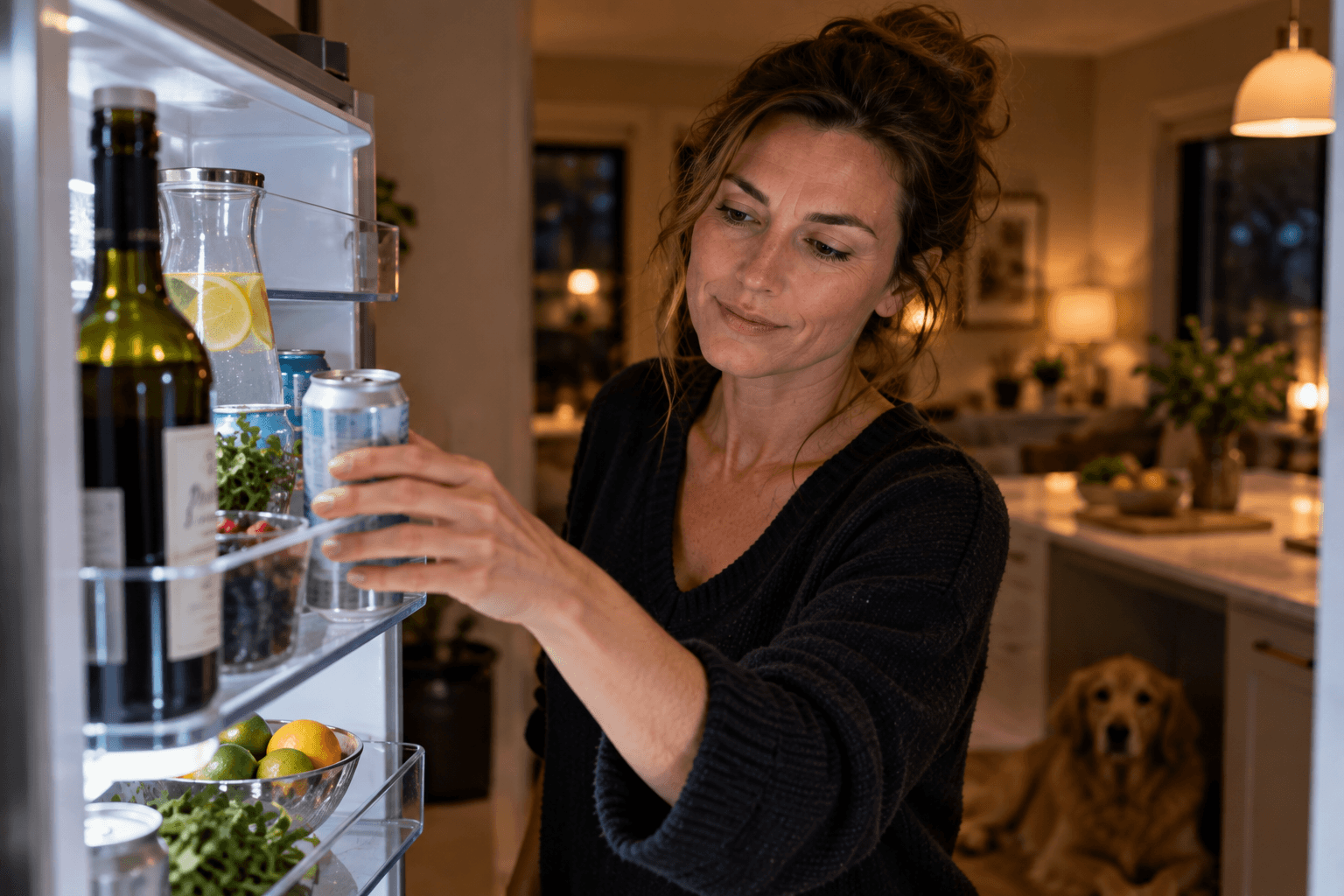A woman reaching into her refrigerator and choosing an alcohol-free drink while wine remains available nearby.