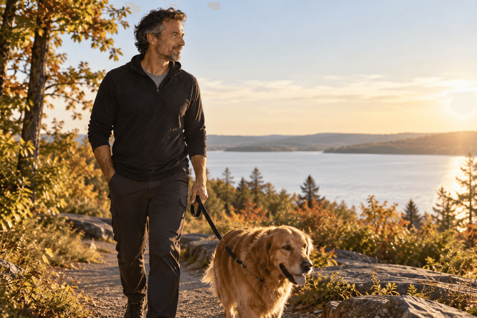 A middle-aged man walking a Golden Retriever beside a lake on a crisp autumn morning after choosing the morning he prefers over another night of drinking.