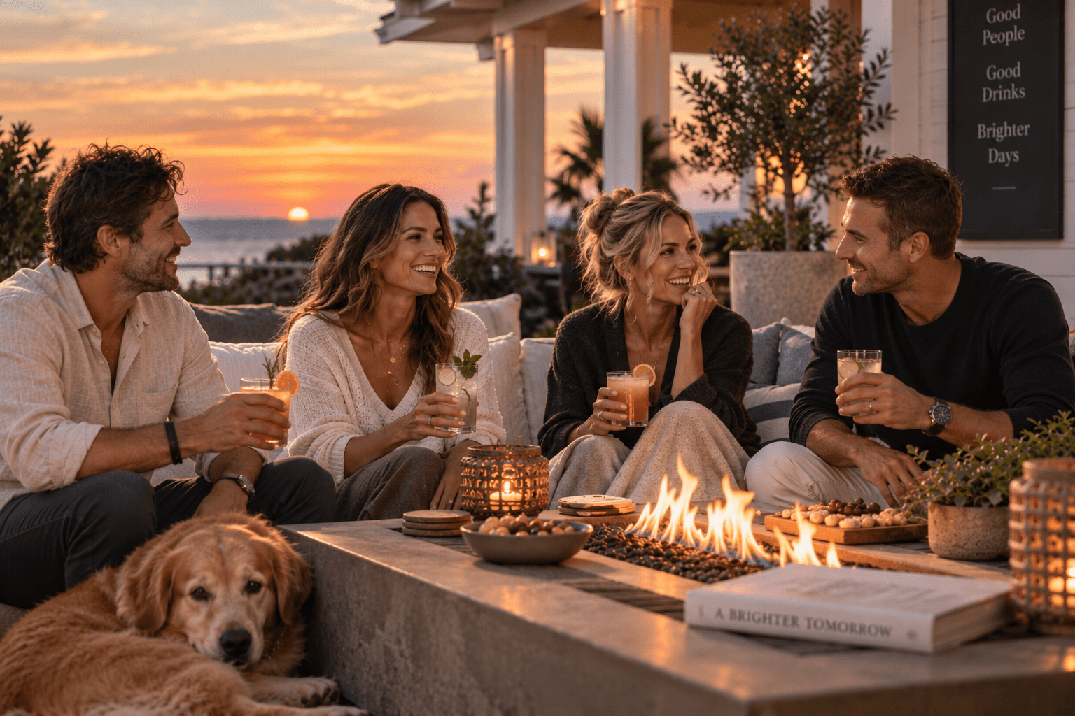 Friends relaxing around an outdoor fire at sunset with a mix of colorful drinks while a Golden Retriever rests nearby.