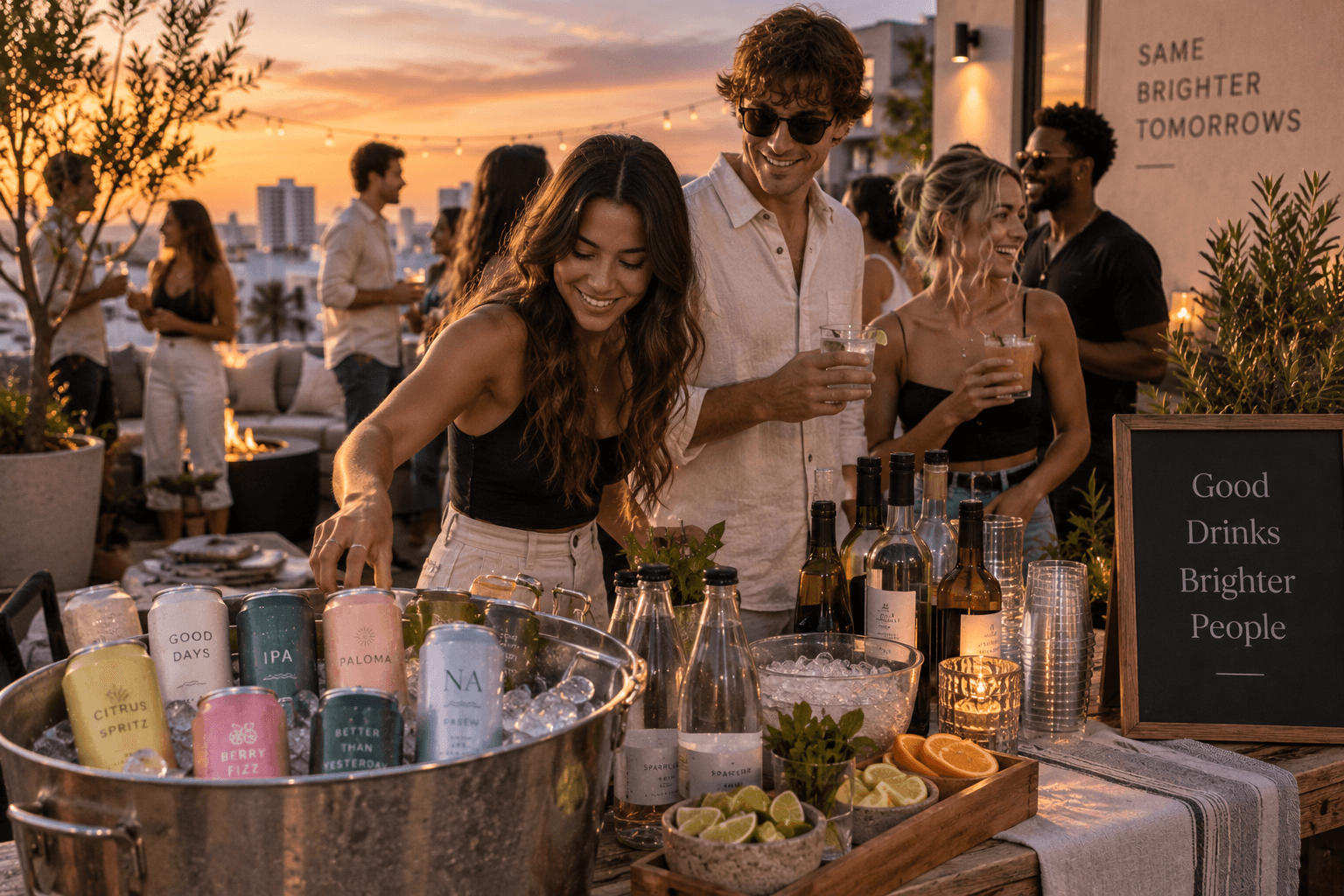 Young adults at a rooftop gathering with alcoholic and alcohol-free canned drinks, sparkling water and cocktails available together.