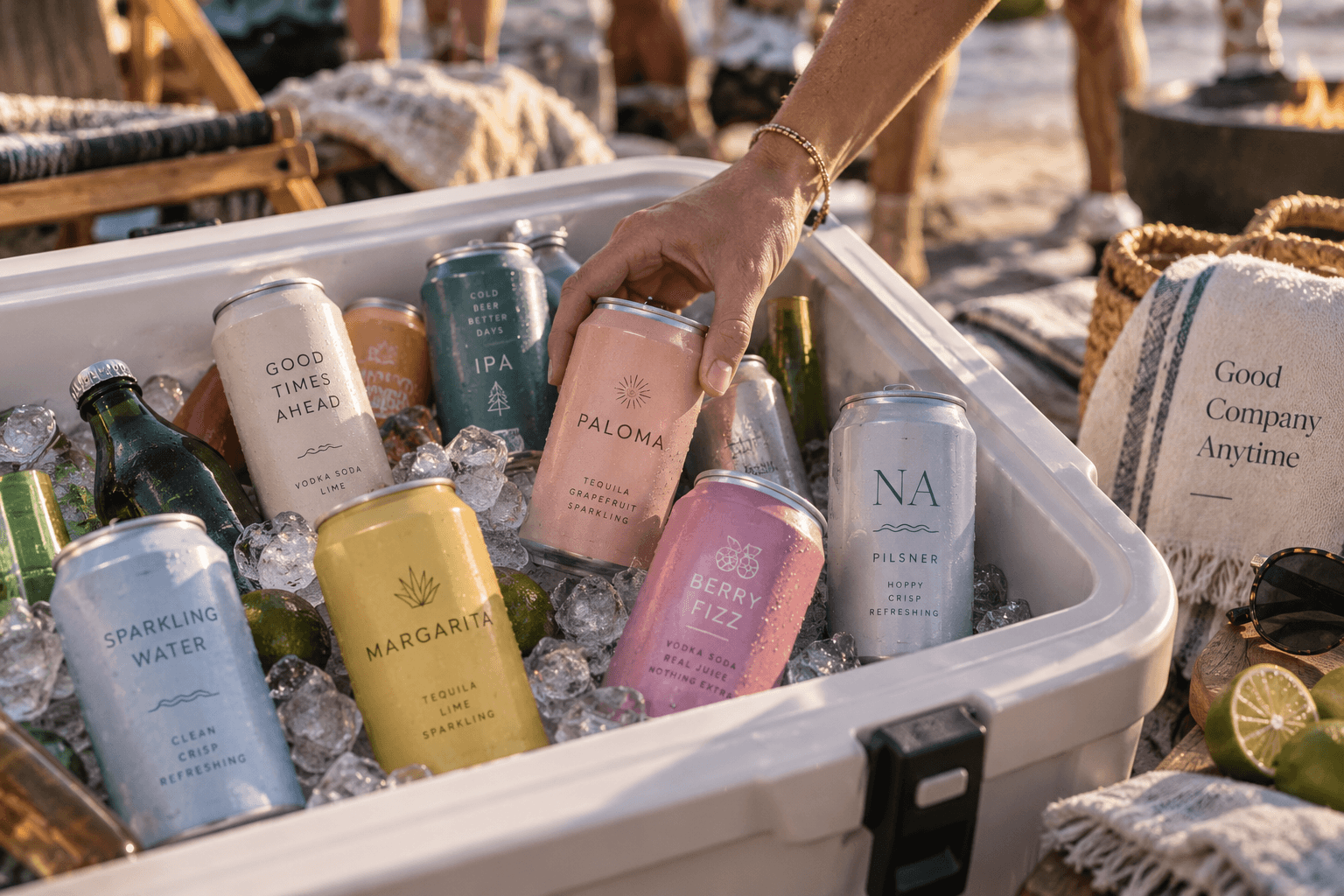 A cooler filled with fictional canned cocktails, nonalcoholic beer, sparkling water and regular beer at a casual gathering.