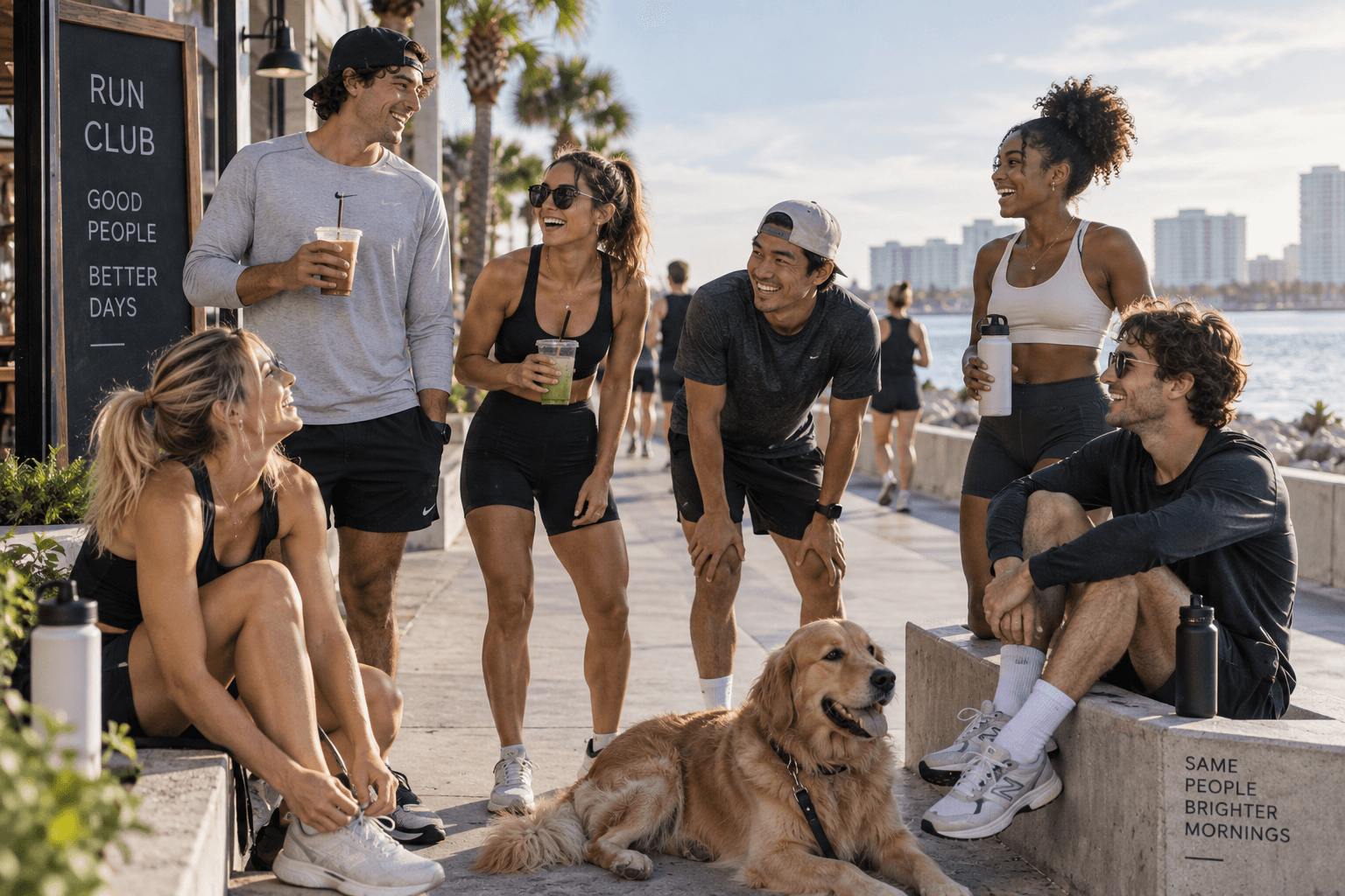 A diverse group of young adults finishing a waterfront run and meeting for coffee on a bright weekend morning.