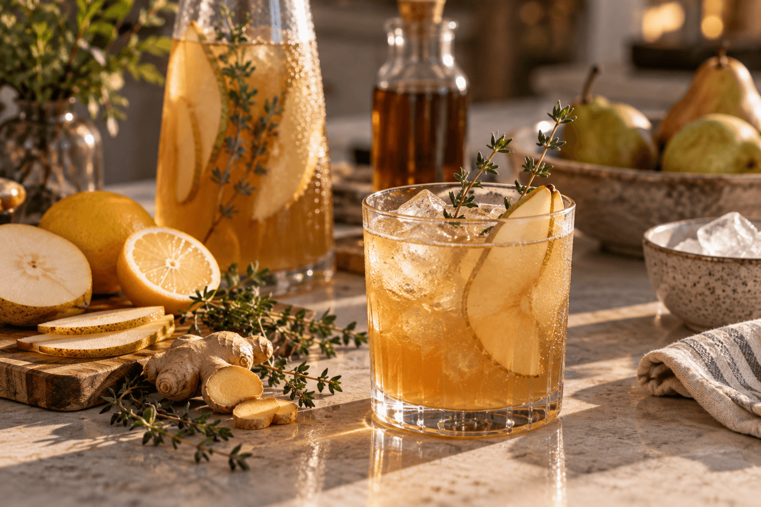 Golden Hour, an amber pear, ginger, lemon and black tea alcohol-free drink over ice with fresh pear and thyme.
