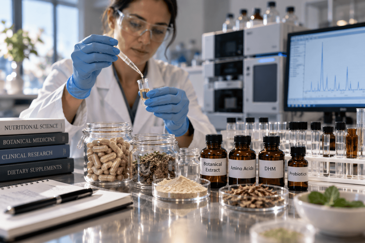 A researcher analyzing amino acids, botanical extracts, DHM and probiotic samples using modern laboratory equipment.