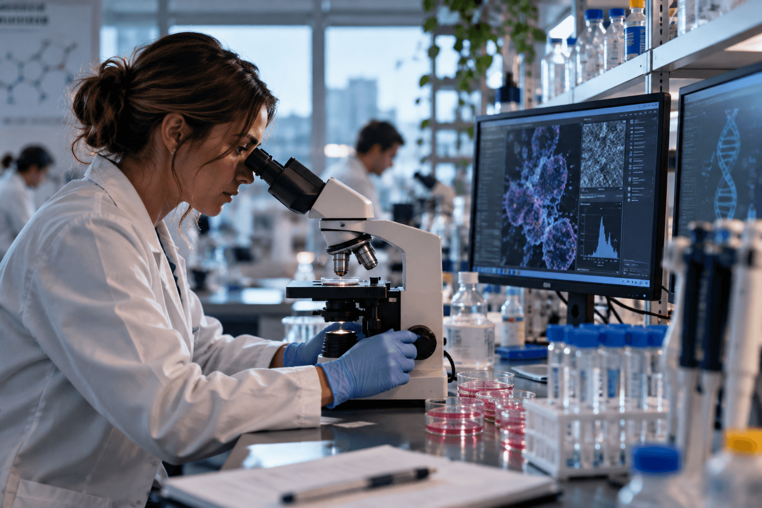 A cancer researcher using a microscope in a modern laboratory with cellular imaging visible on nearby monitors.