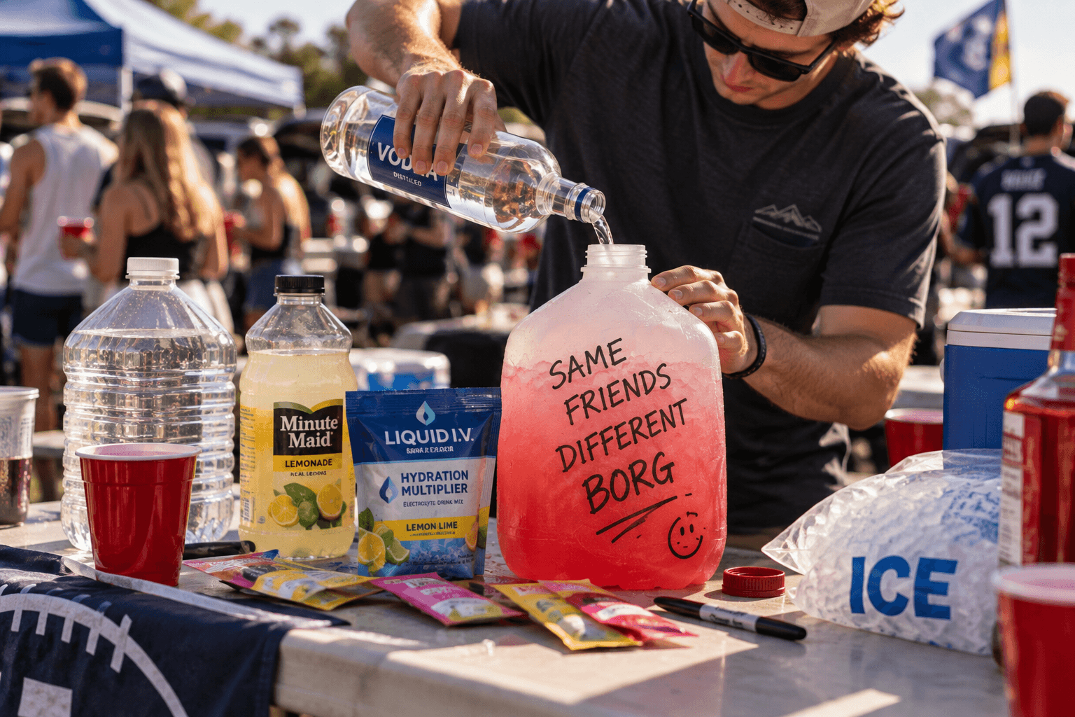 A college-age person assembling a colorful gallon drink at a football-style tailgate with liquor, water, ice and drink-mix packets visible.