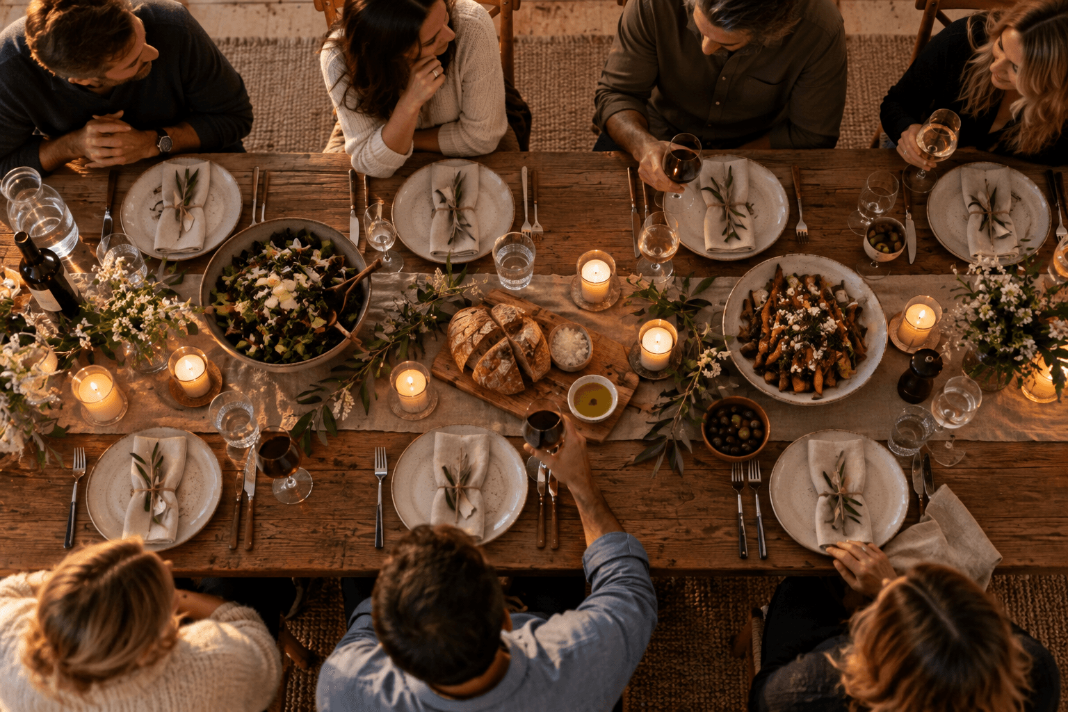 An overhead view of friends gathered around a dinner table with food, water and wine, used as an editorial image for a discussion of population cancer risk.