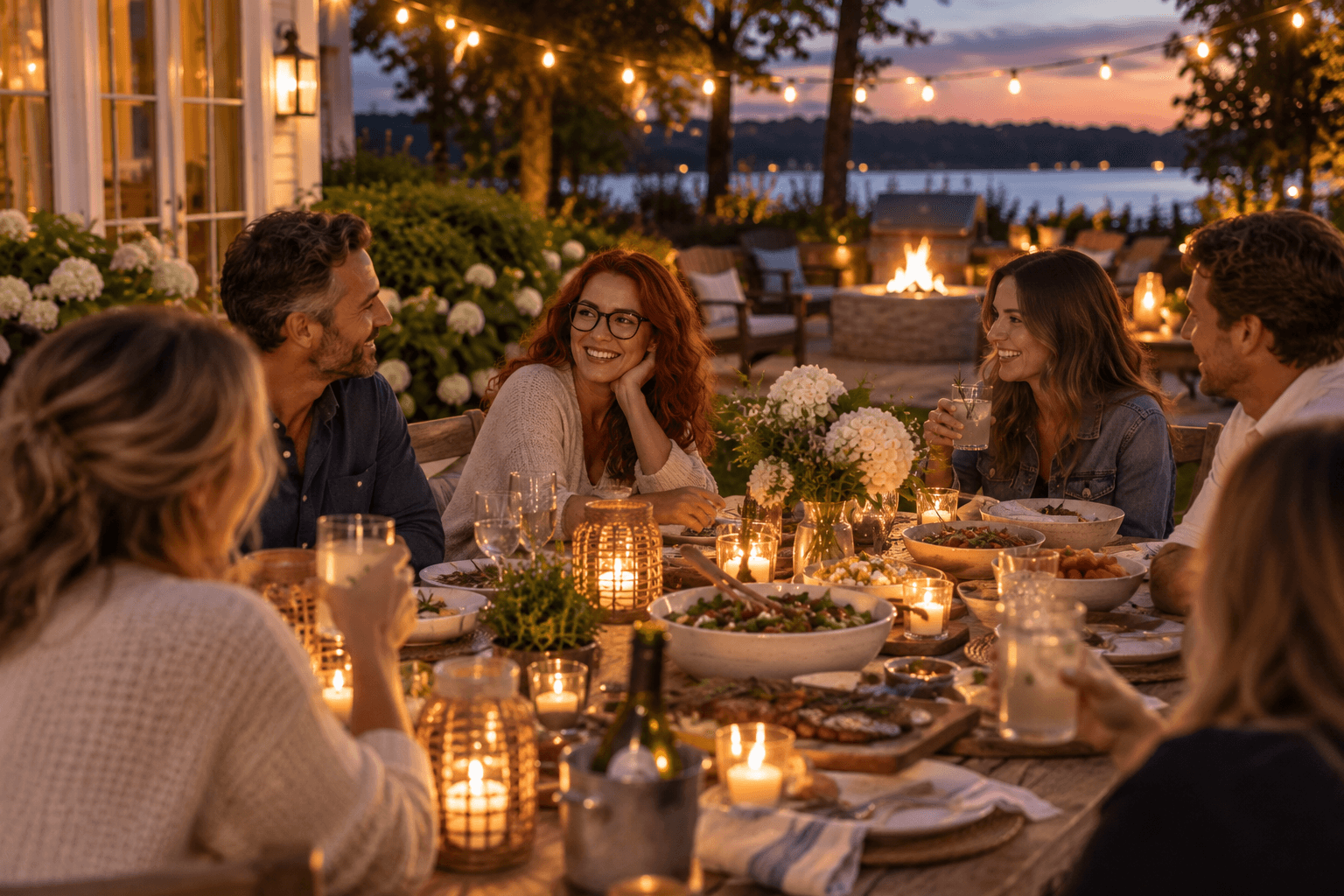 Friends enjoying a relaxed Labor Day dinner outside after sunset while a red-haired woman with glasses sits at the table with her guests.