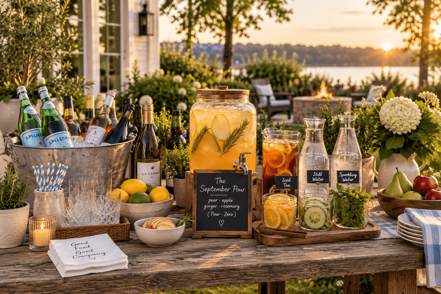 A self-serve Labor Day drink station with ice, water, iced tea, alcohol-free choices, wine, citrus, herbs and a pitcher of The September Pour.
