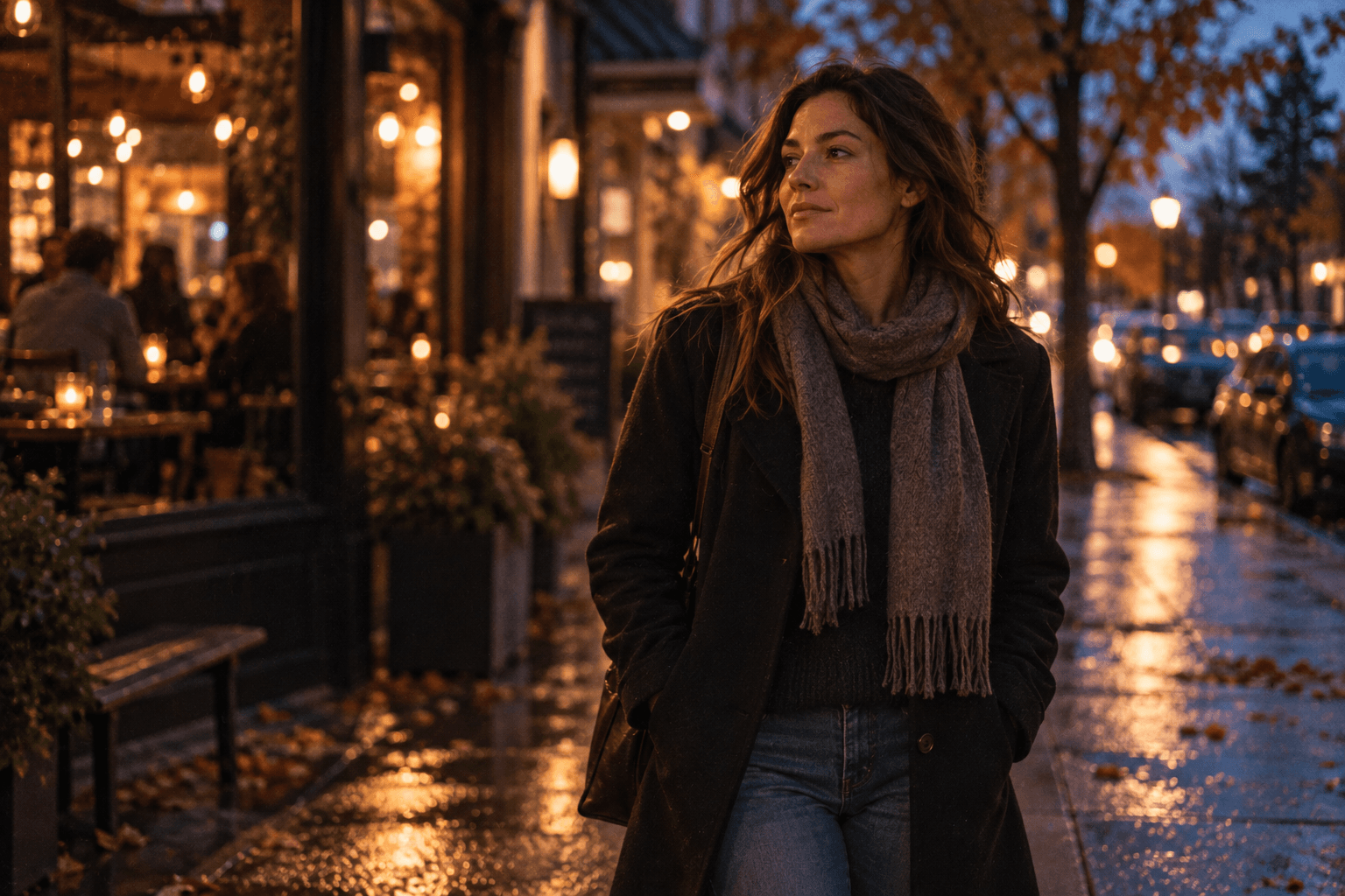 A woman walking through an autumn neighborhood at dusk after leaving a social setting, calm and reflective with her hands in her coat pockets.