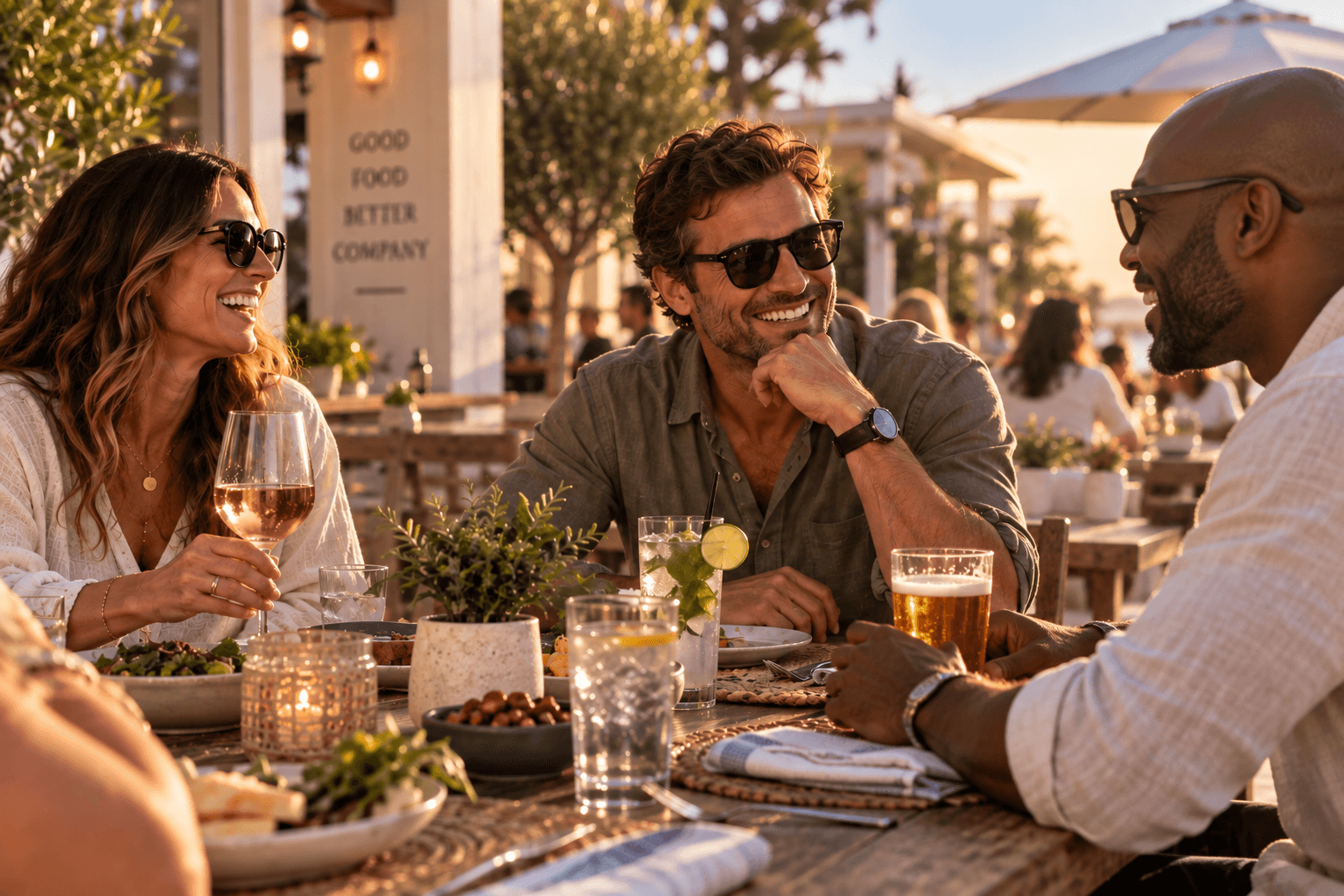 Three friends talking at an outdoor restaurant with wine, beer and an alcohol-free drink on the table.