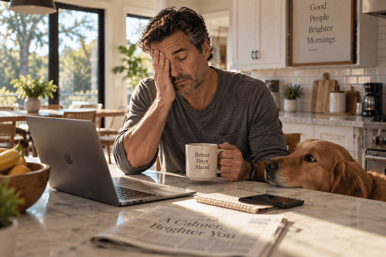 A tired man sitting at his kitchen island with coffee the morning after a fragmented night of sleep, with a Golden Retriever nearby.