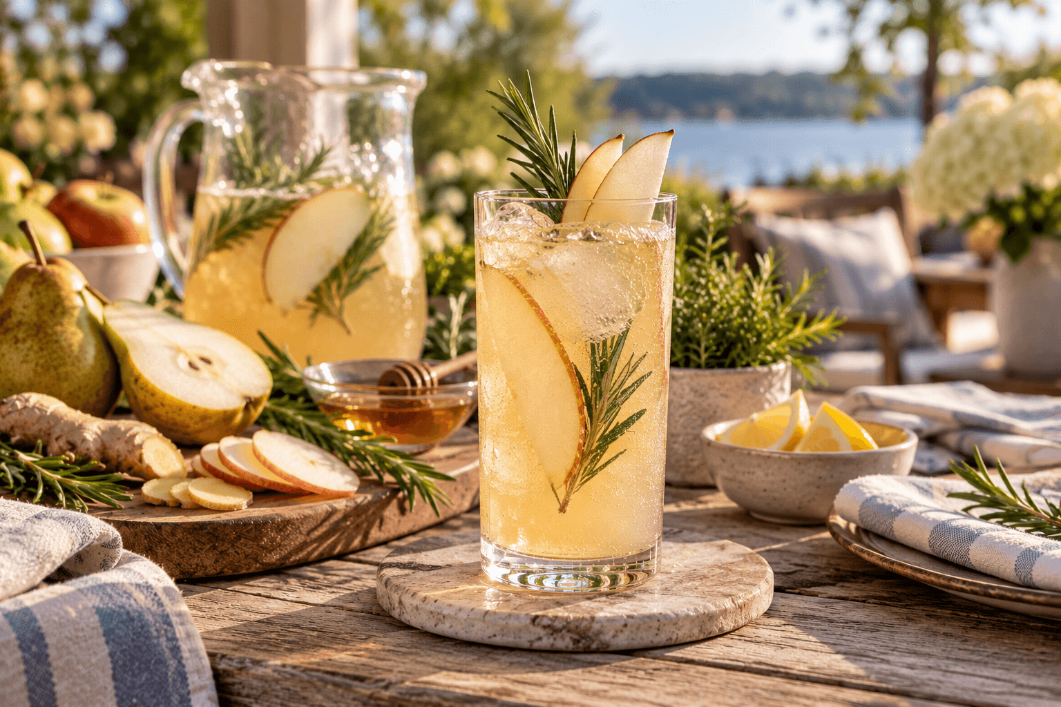 The September Pour, a sparkling pear, apple, rosemary and ginger alcohol-free drink over ice beside fresh orchard ingredients.