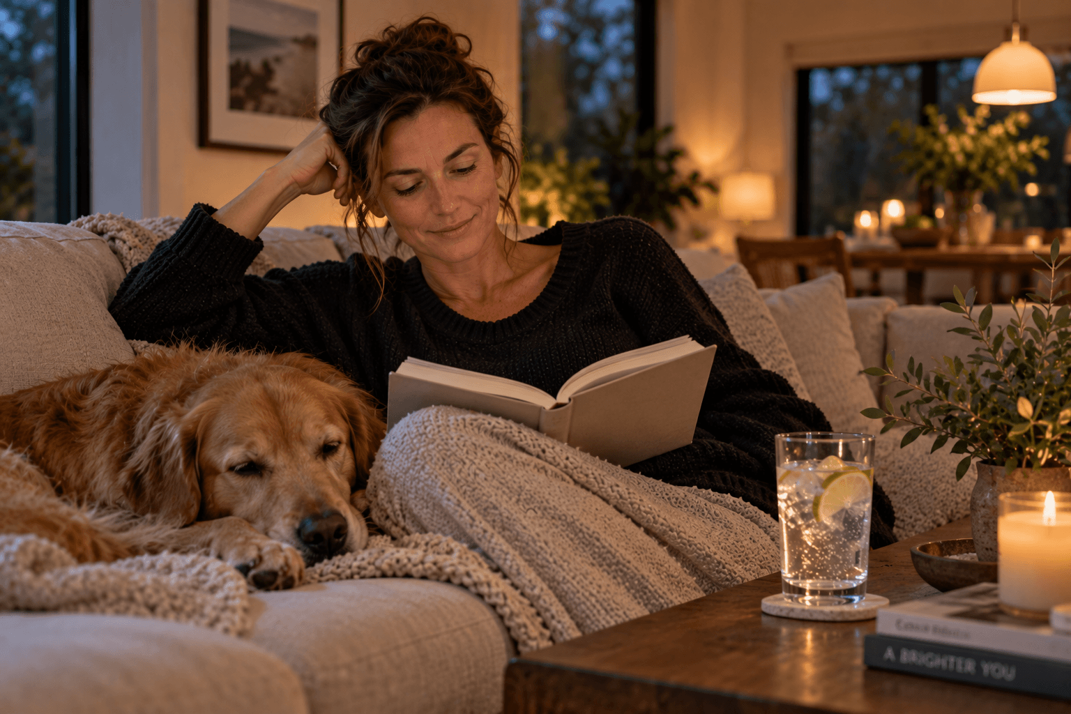 A woman relaxing at home with a book, an alcohol-free sparkling drink and a Golden Retriever during a quiet evening.