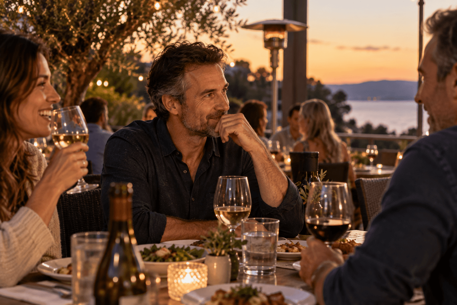 A middle-aged man enjoying dinner with friends on a beautiful restaurant patio at sunset while wine is served around the table.