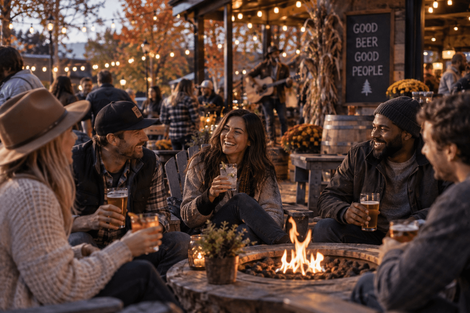 Friends gathered around a fire pit at an autumn outdoor social event while one woman enjoys an alcohol-free drink among people drinking beer and cocktails.