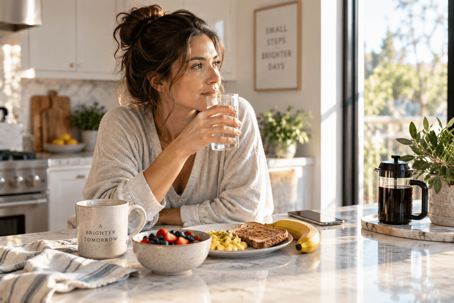 A tired man having water, coffee and breakfast in a bright kitchen the morning after a night out.
