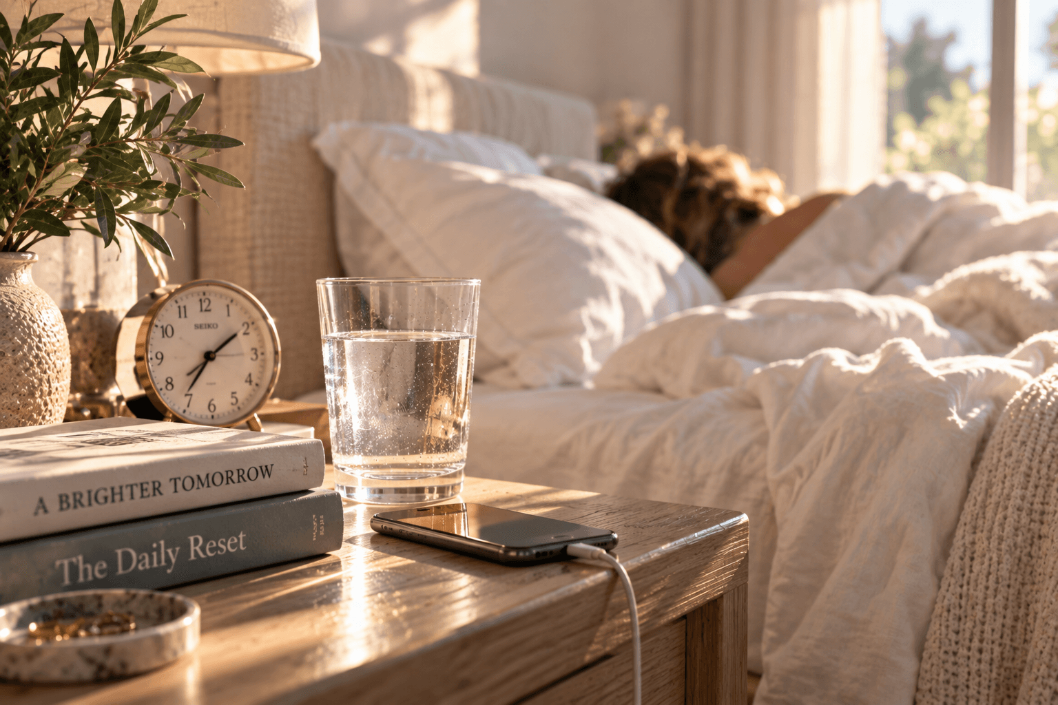 A glass of water on a bedside table beside a clock and phone while someone sleeps in soft morning light.