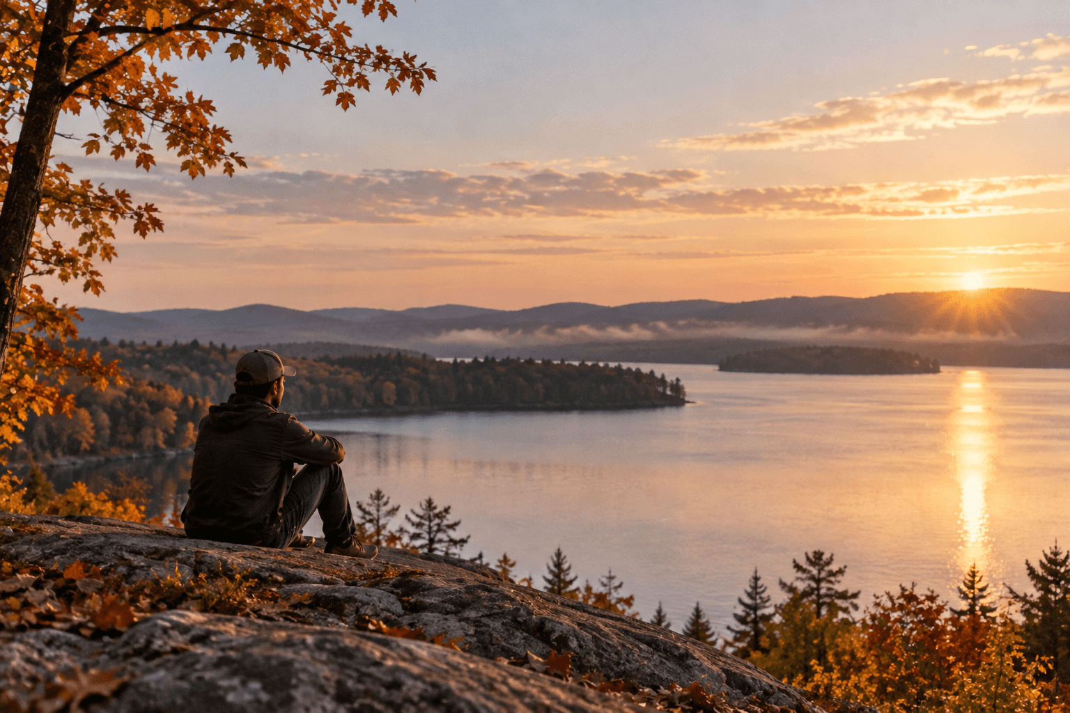 A man sitting quietly on an autumn overlook above a calm lake at sunrise, reflecting after taking time away from alcohol.