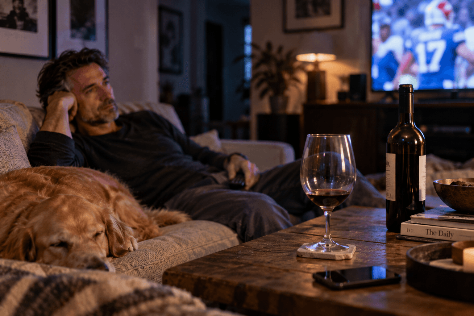 A middle-aged man sitting on his couch late at night with a half-finished glass of wine nearby, looking tired and no longer particularly interested in drinking.