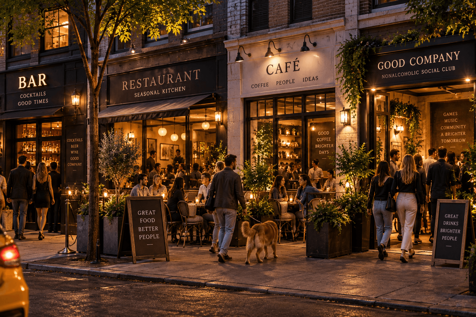 A walkable city block at night with a traditional bar, restaurant, cafe and alcohol-free social club all open side by side.