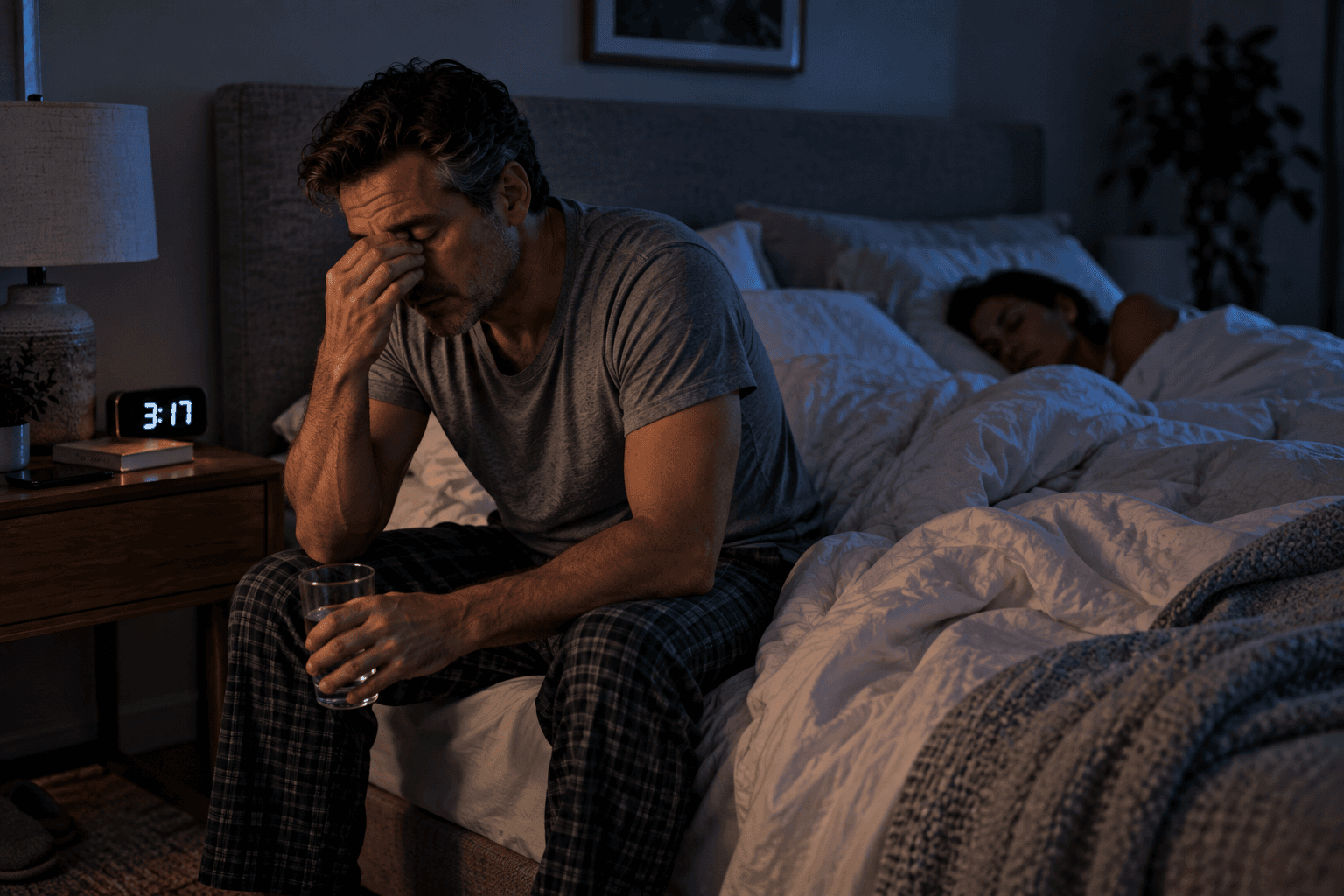 A tired man sitting on the edge of his bed at 3:17 a.m. while his partner remains asleep after alcohol disrupted the second half of his night.