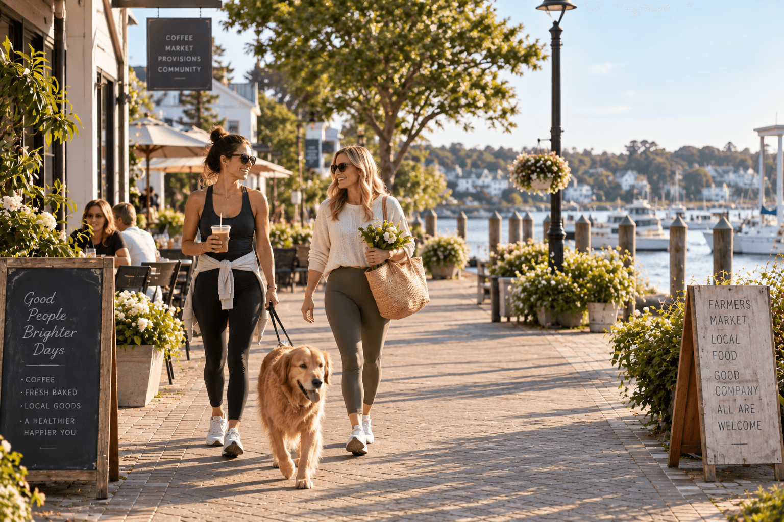 People walking, running, cycling and visiting a farmers market along a lively waterfront on a bright weekend morning.
