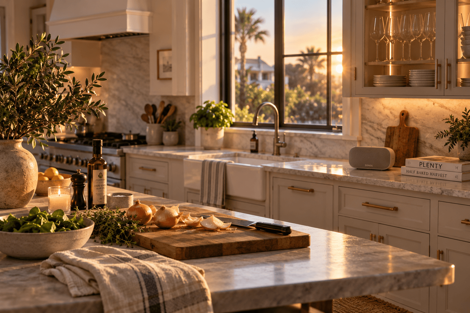 An empty coastal kitchen at golden hour with dinner ingredients on the counter and wine glasses visible in a cabinet.