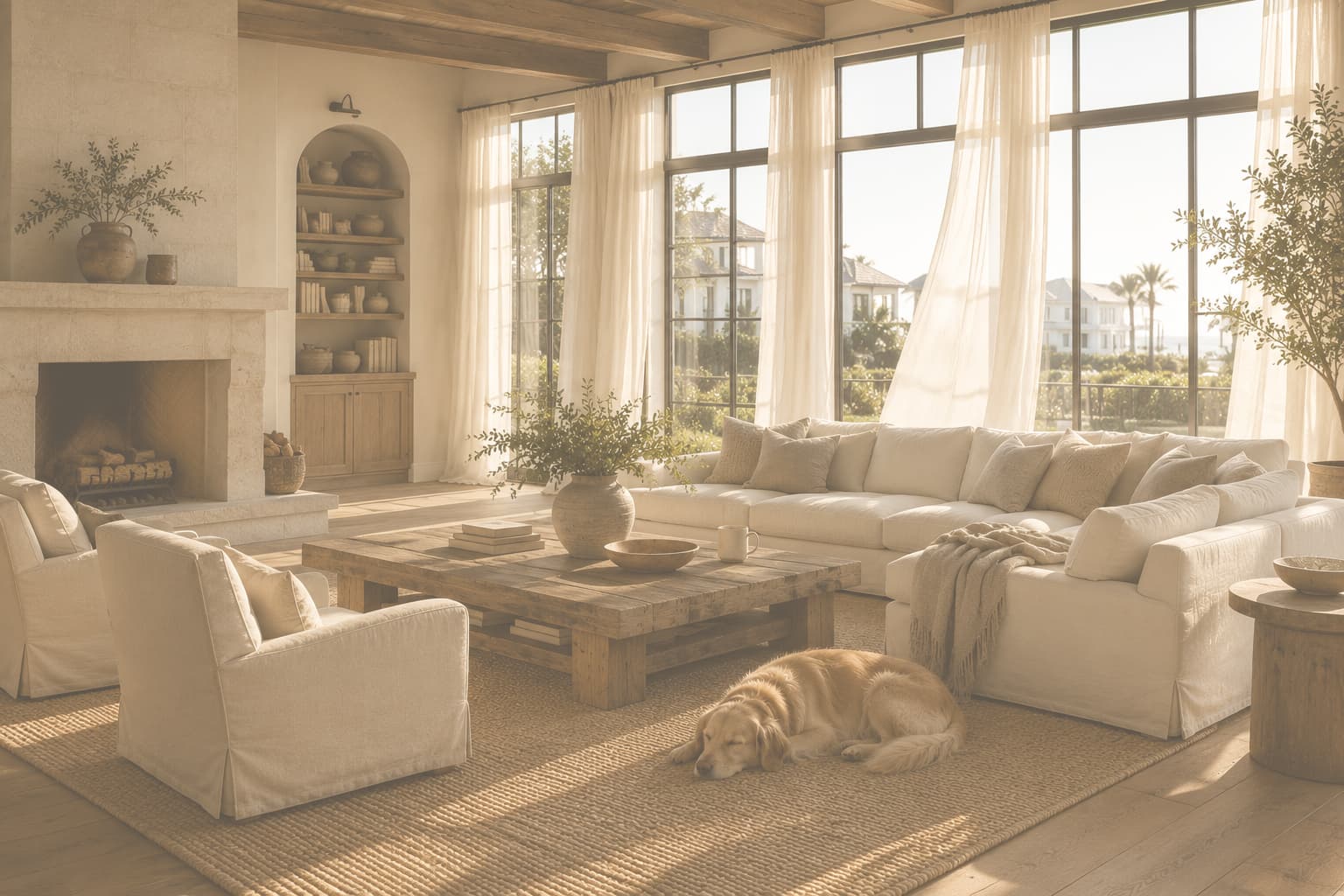 A peaceful coastal living room in warm morning light, with a Golden Retriever resting on the rug.