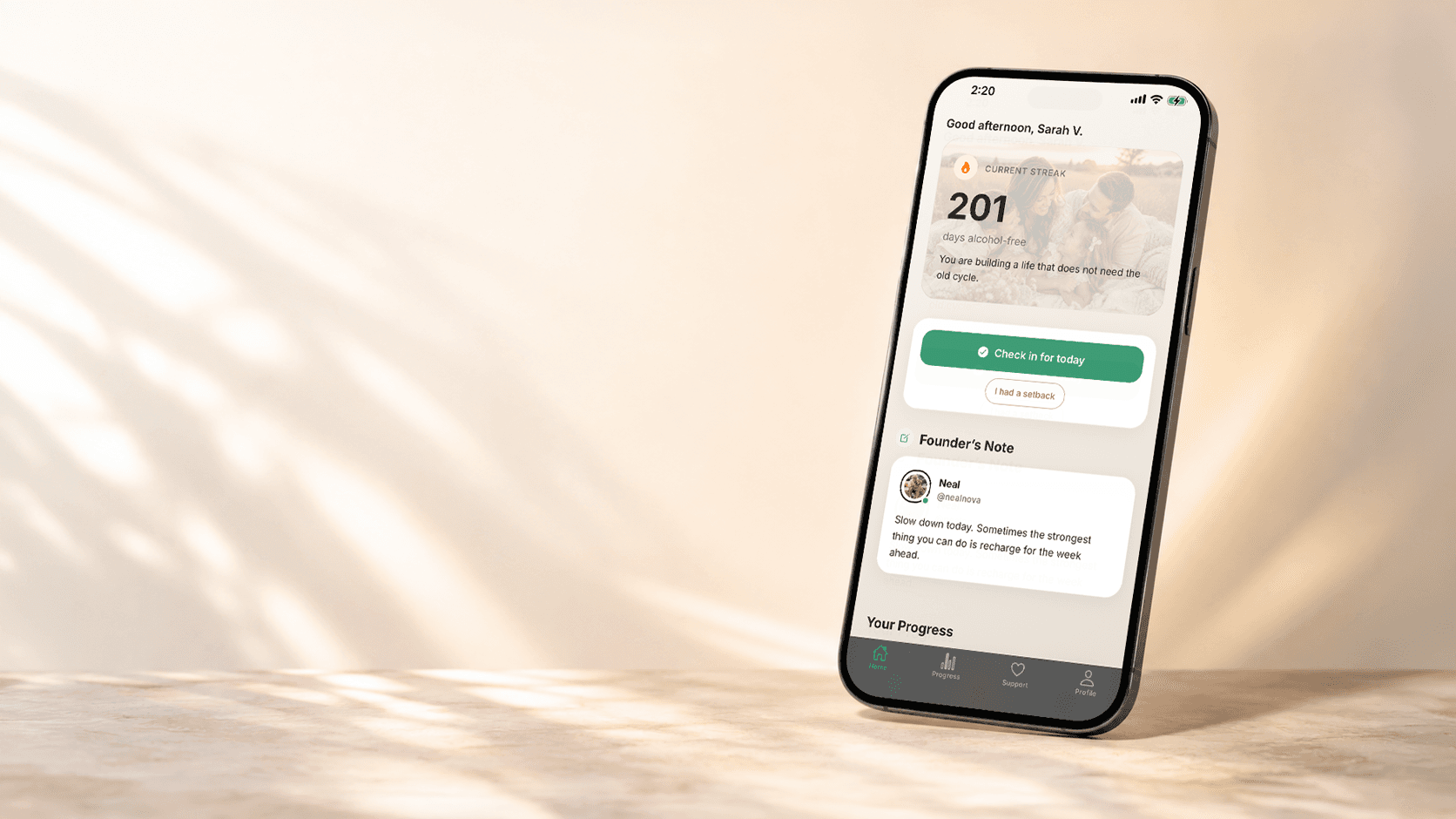 Nova's home screen showing daily support, progress, and community features.