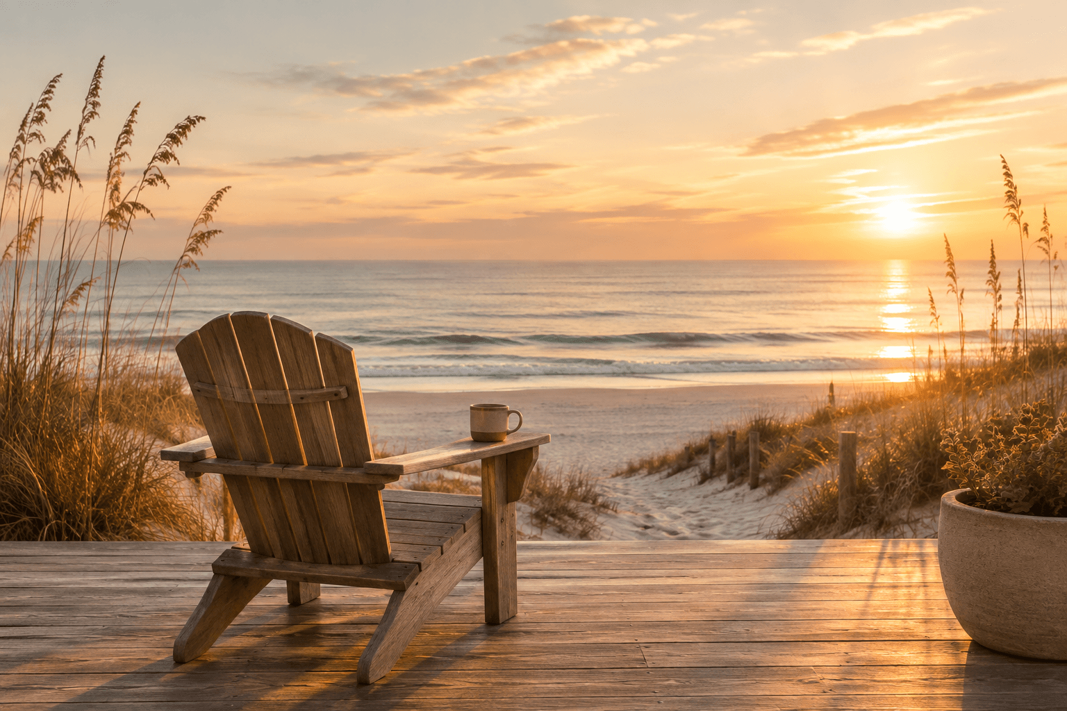 A peaceful Adirondack chair overlooking the ocean at sunrise.
