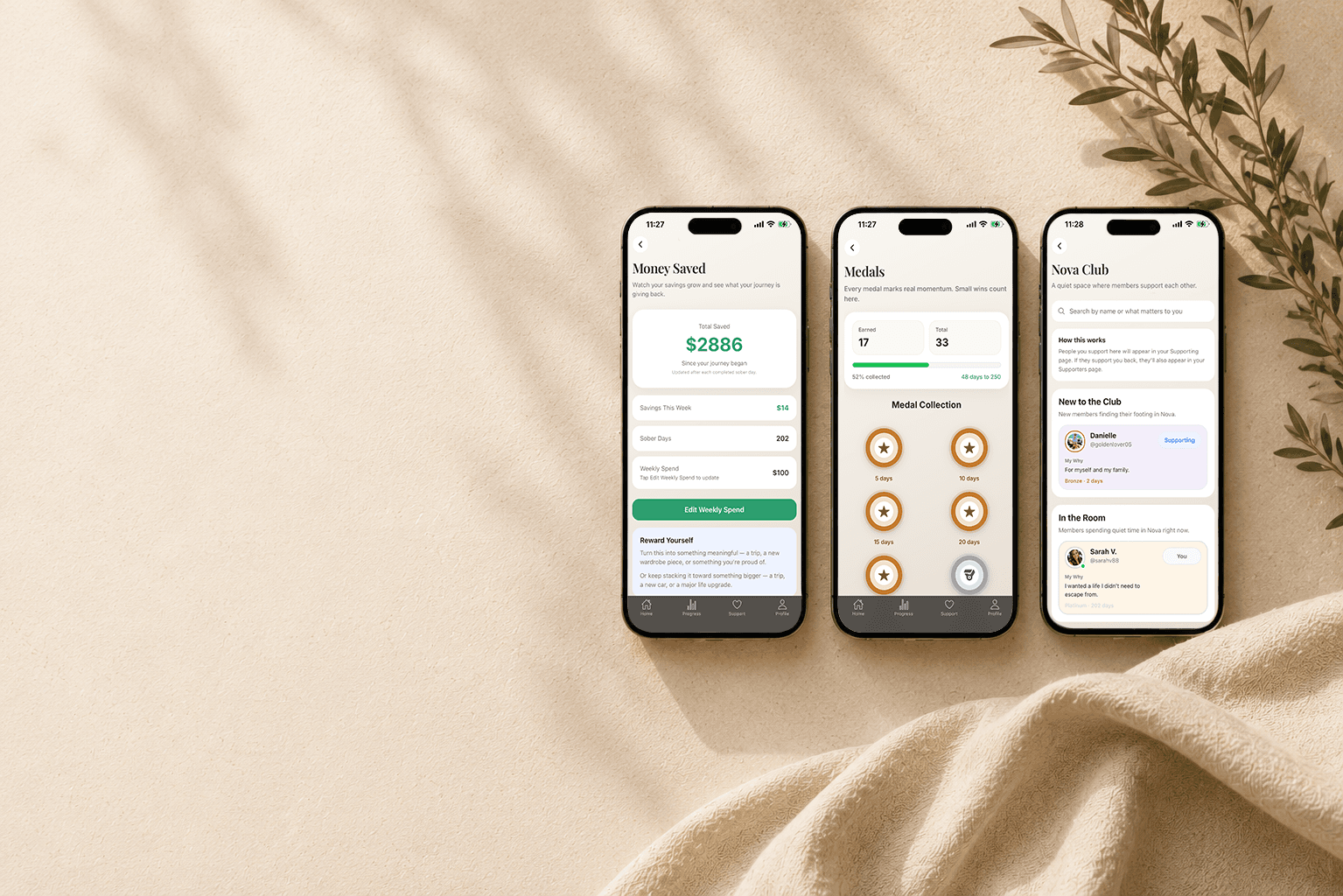 Nova app screens showing money saved, recovery milestones, and community support.