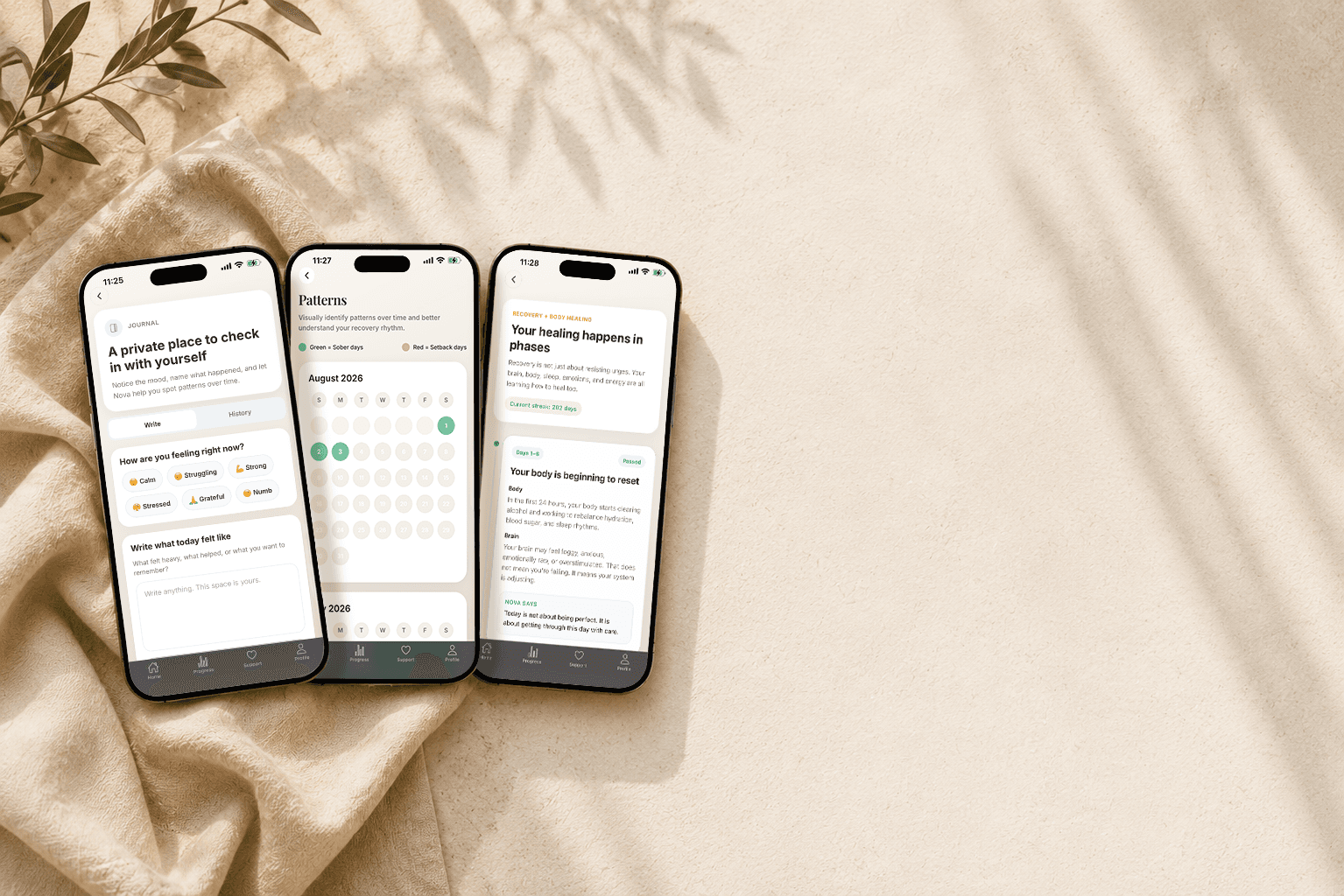 Nova app screens showing journaling, habit patterns, and recovery progress over time.